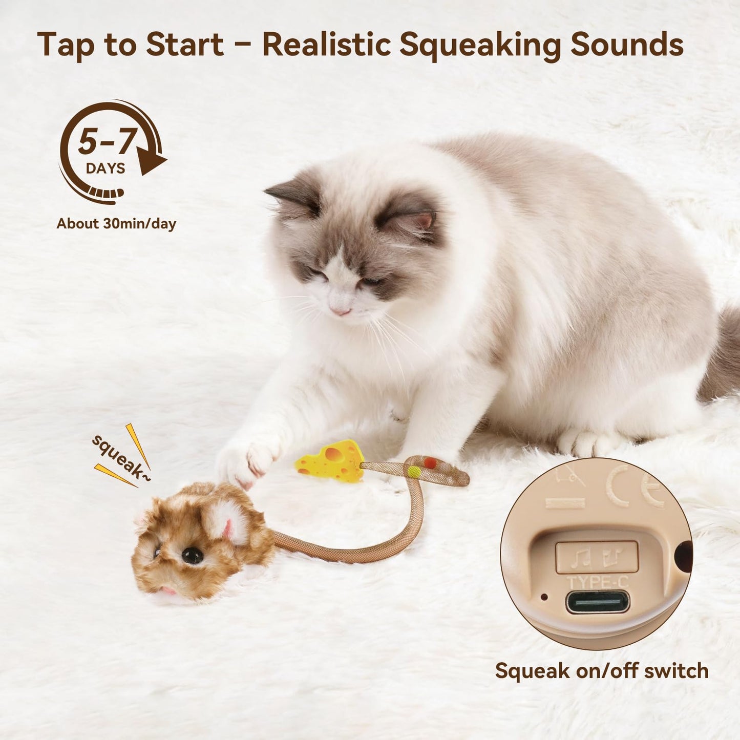 Migipaws Interactive MigiMouse Cat Toy 360° Rolling & Spin with Mesh Plastic Tail for Indoor Cats Smart Motion Sensor, Realistic Squeak, Rechargeable Plush Kitten Toy(Brown Long)