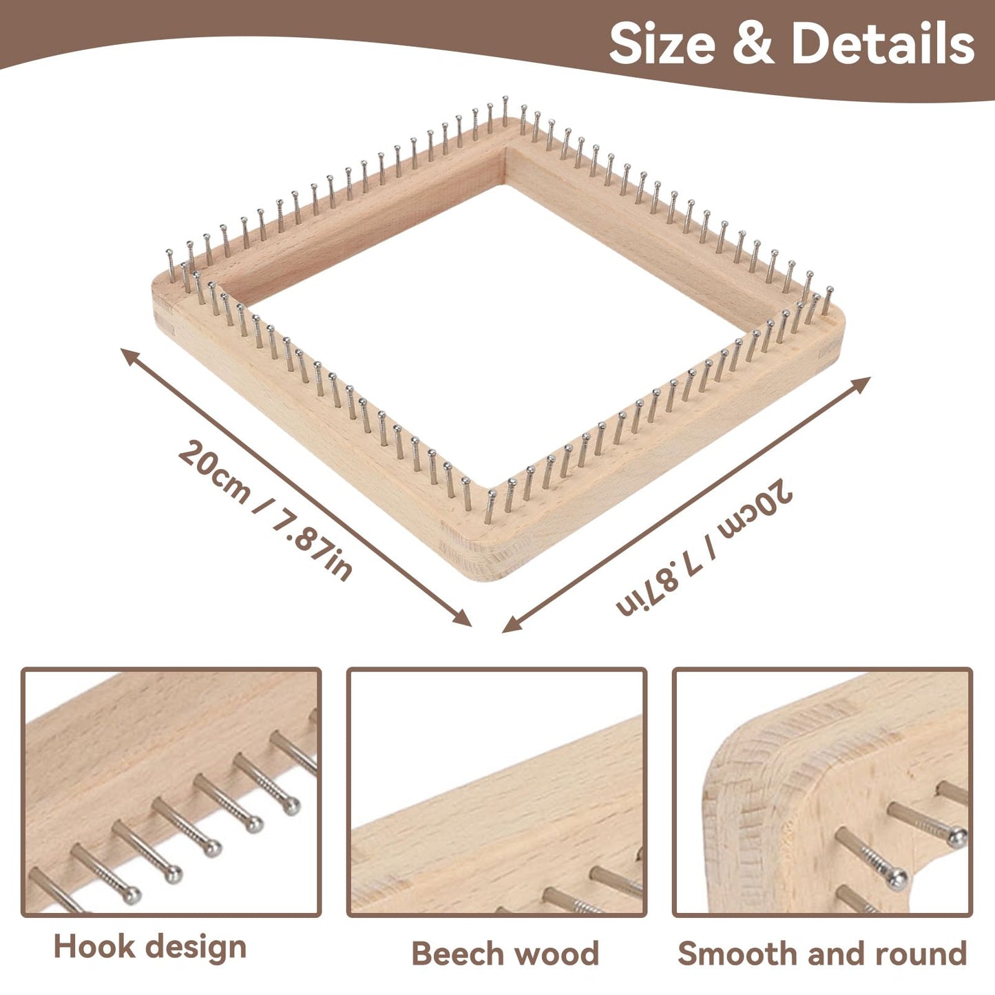 HERCHR Wooden Knitting Loom, Wooden Loom Frame Weaving Loom DIY Solid Wood Multifunctional Blanket Crochet Loom Knitting Board Loom Tool for DIY Weaving Beginner Children Adults, 20 * 20cm