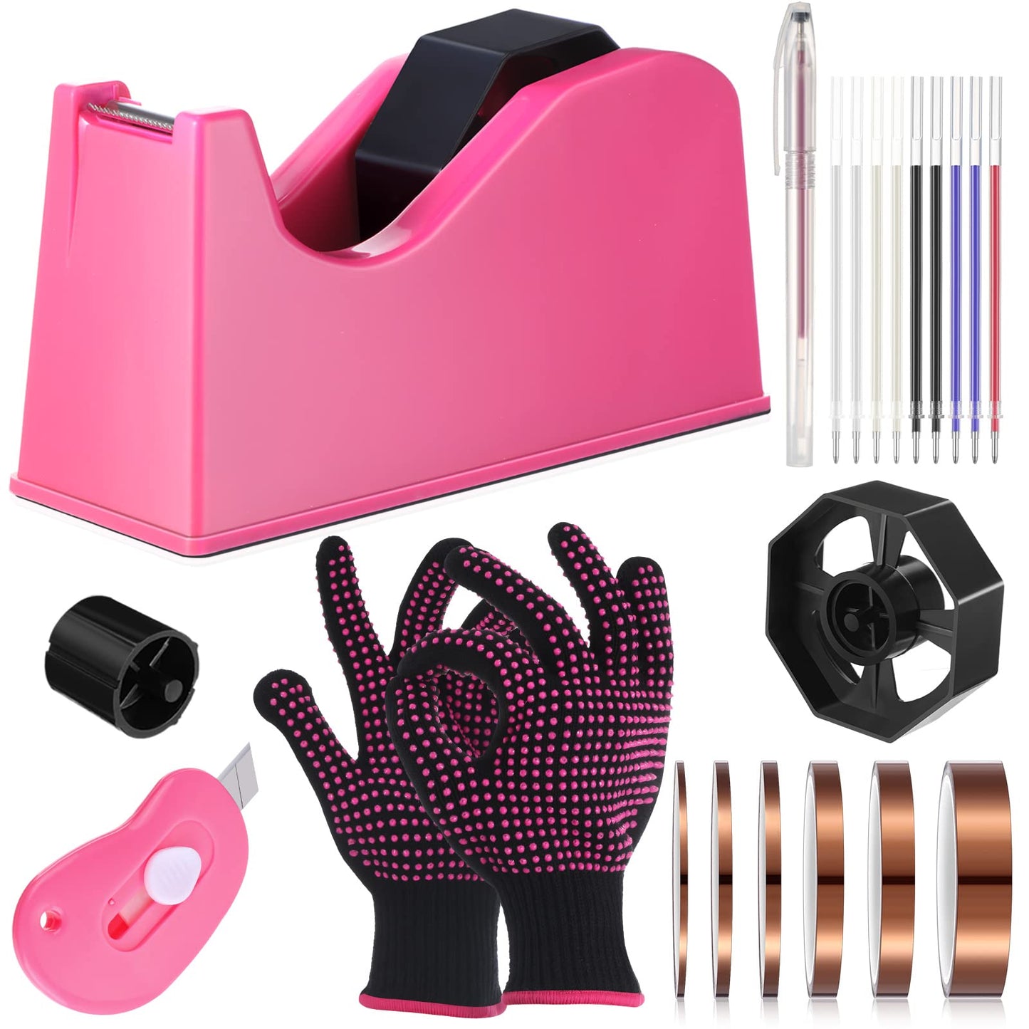 Kosiz 20 Pcs Heat Tape Dispenser Set 6 Multi Size Heat Tape for Sublimation 2 Press Gloves Resistant with Silicone Bumps Mini Cutter Pen Set Nonskid Weighted Base Holder(Rose Red)