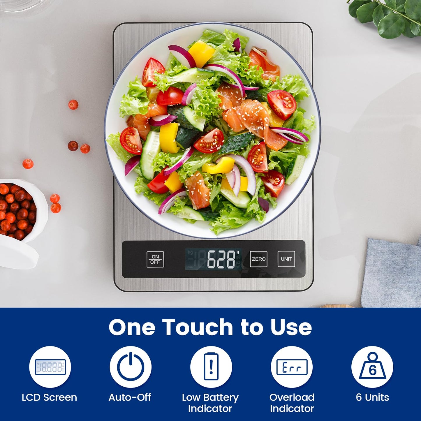 【33 lb & USB Rechargeable】 Digital Kitchen Food Scale Kitchen Scale, Stainless Steel Digital Weight Grams and Oz, Baking and Cooking, 0.1oz/1g Precise, 6 Weight Units (B1)