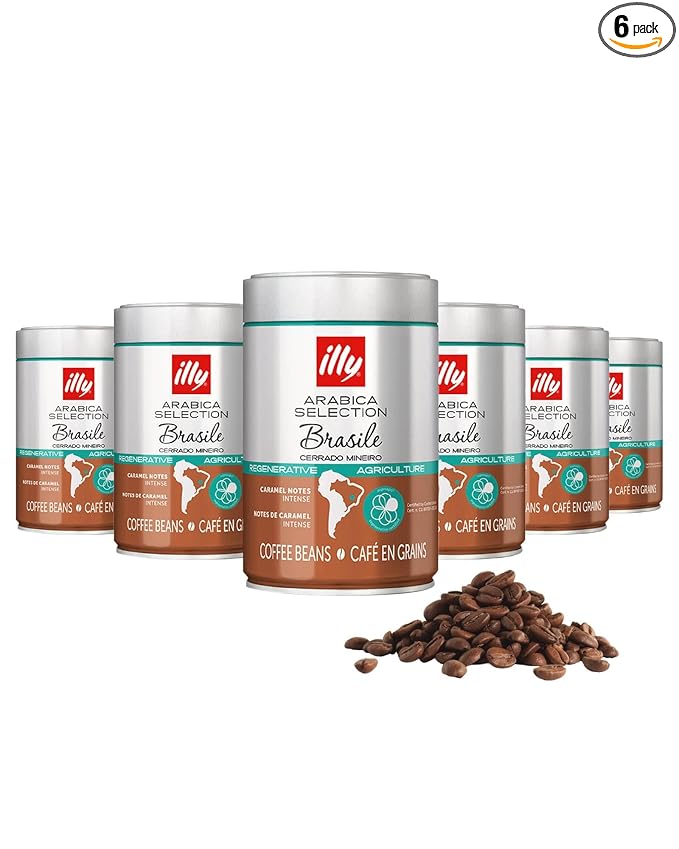 illy Whole Bean Coffee, Brasile Regenerative Agriculture Medium Roast, 100% Arabica, Premium Italian Coffee, Ideal for Espresso, Drip, Moka and French Press Brewing, 8.8oz, 6 Pack