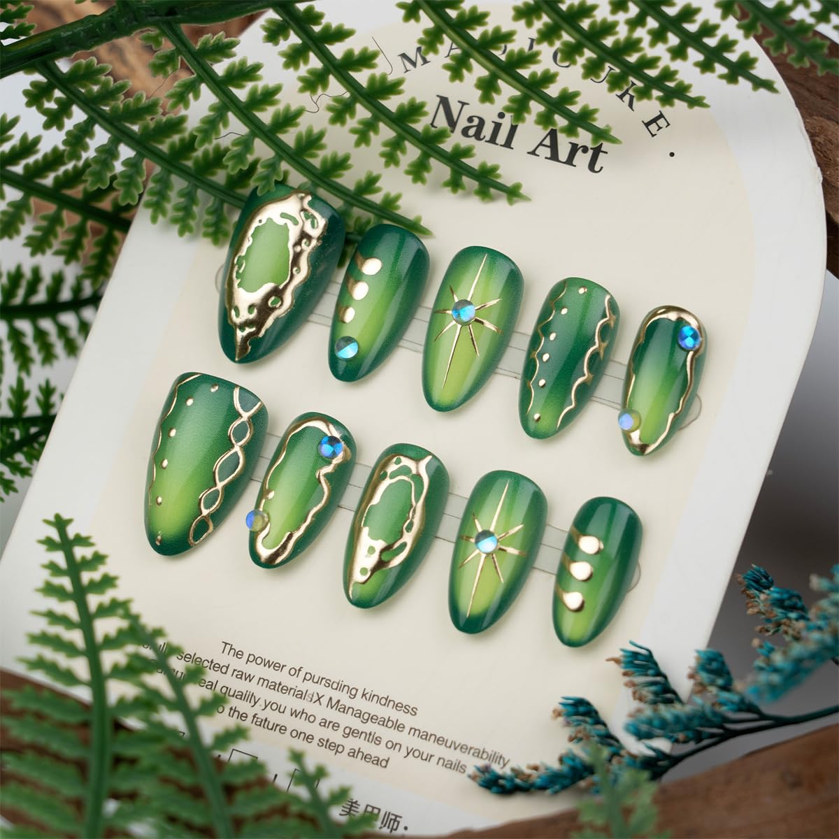 30Pcs Green Press on Nails Medium Almond Fake Nails with 3D Sliver Ripple Design Handmade False Nails Star Acrylic Nails Irregular Chrome Stick on Nails Glossy Green Glue on Nails for Women