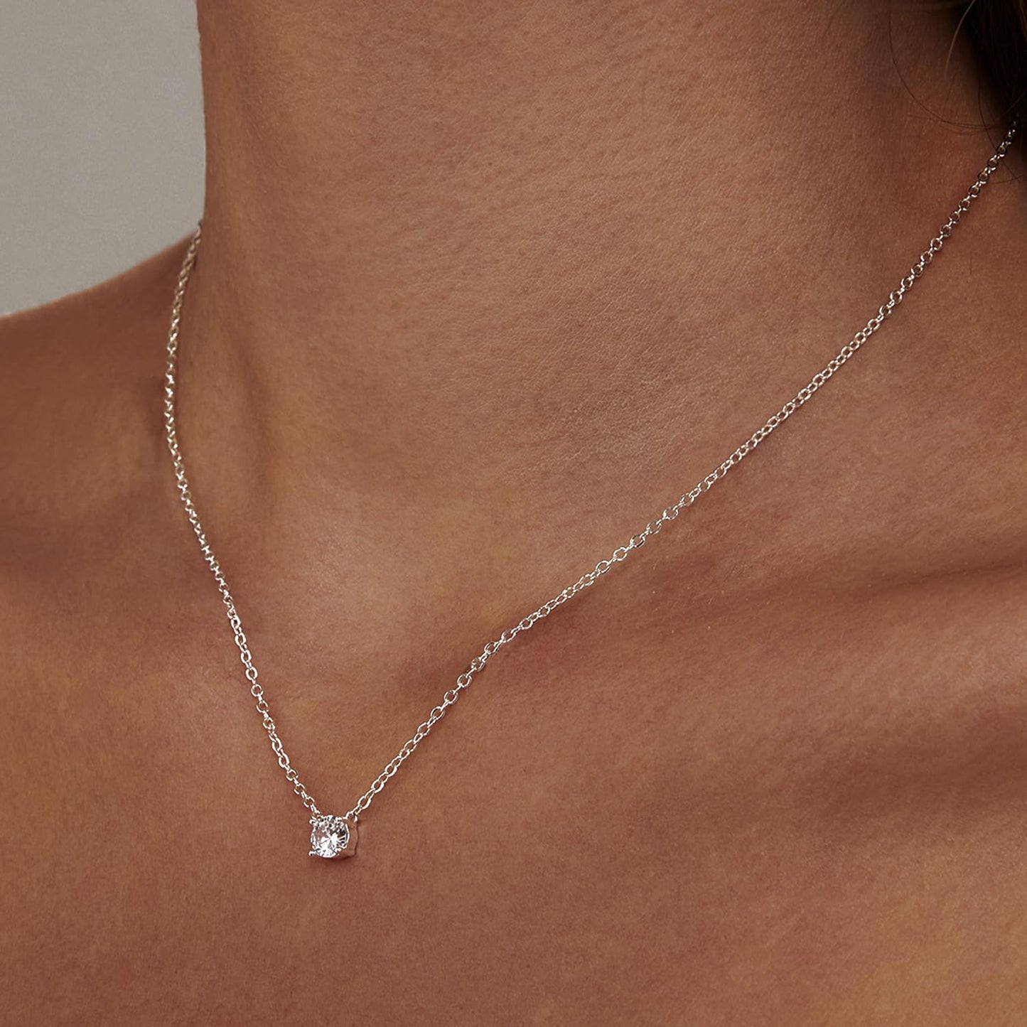 Zeffy Silver Dainty Pendant Necklace, Simple Silver CZ Diamond Choker, 16"+2" Extender, Perfect for Women