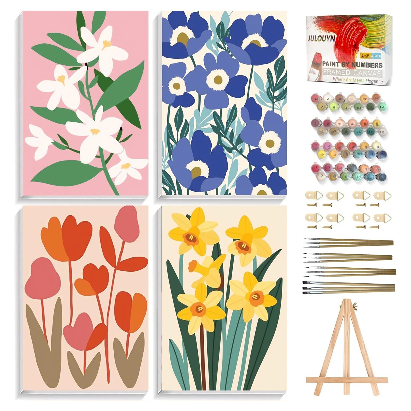 JULOUYN 4 Pack Paint by Numbers Kit for Adults with Framed, Simple Flowers Easy Paint by Number Kits On Canvas with Wooden Easel, Floral Painting by Numbers for Beginner Gift Home Decor 8x12 in