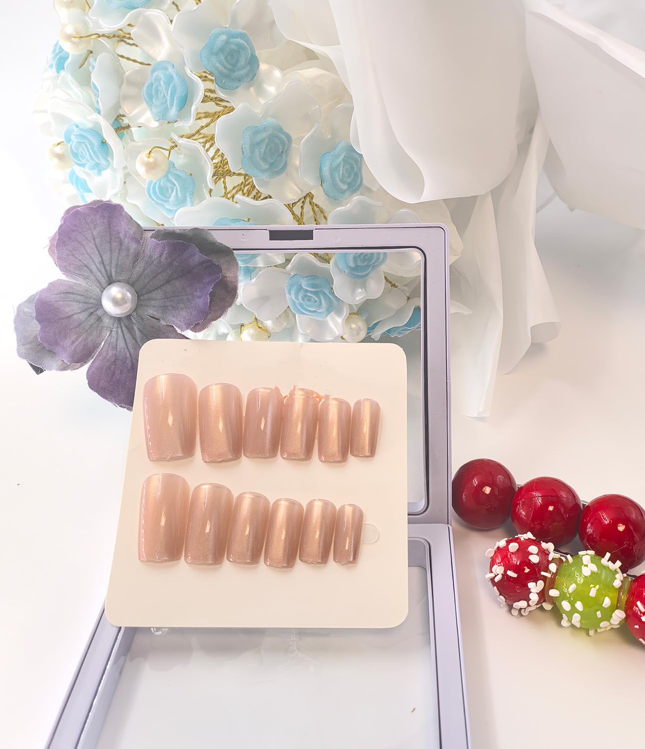 YOYfinee 24Pcs Press on Nails Medium—Short Square Fake Nails Magnetic Cat's Eye Nails. Candy pink(11)