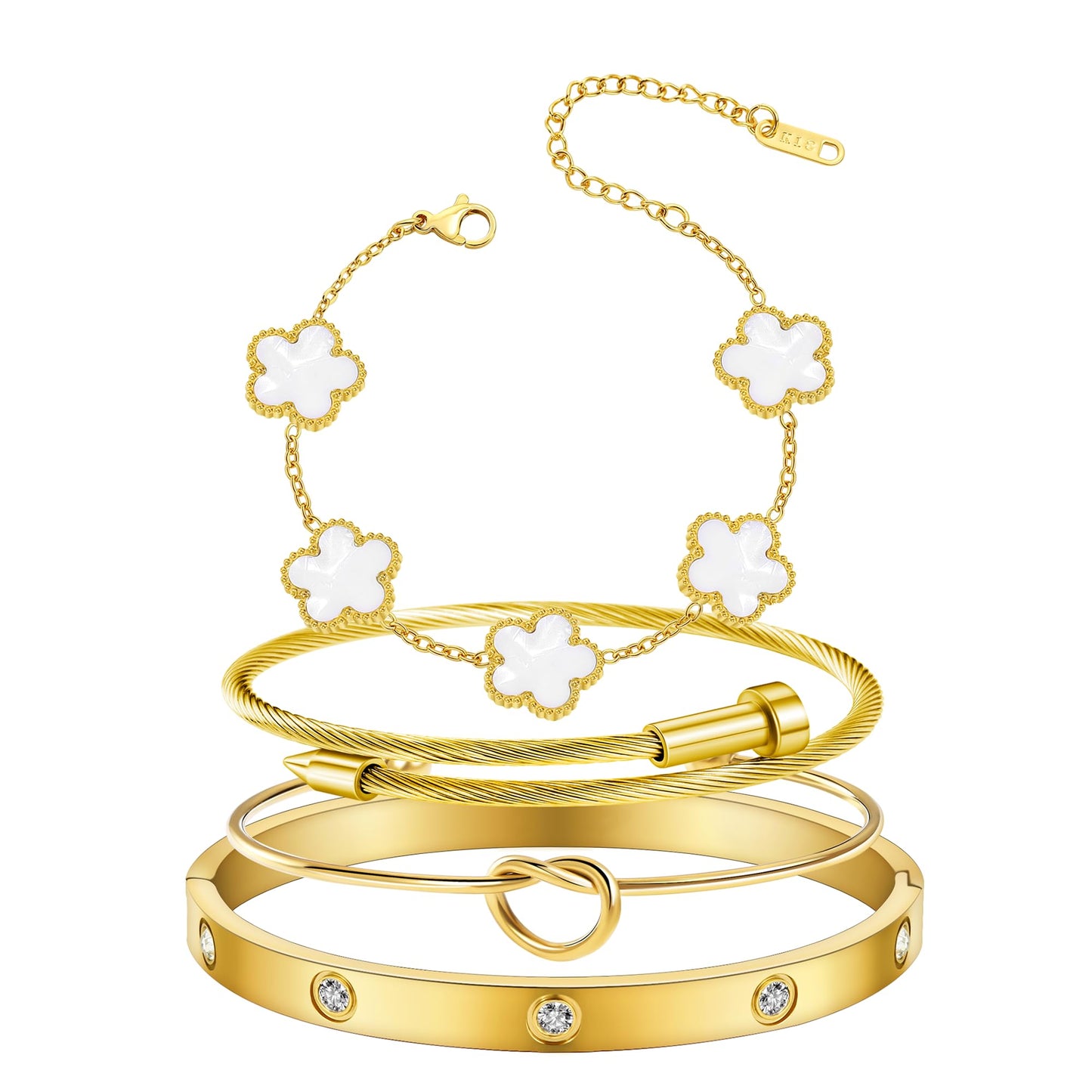 MAOCEN Womens 4Pcs Stackable Floral Gold Bracelets Stainless Steel Bangle Bracelets Non Tarnish Silver Set Trendy Jewelry Gifts for Womens (Gold White, 7")