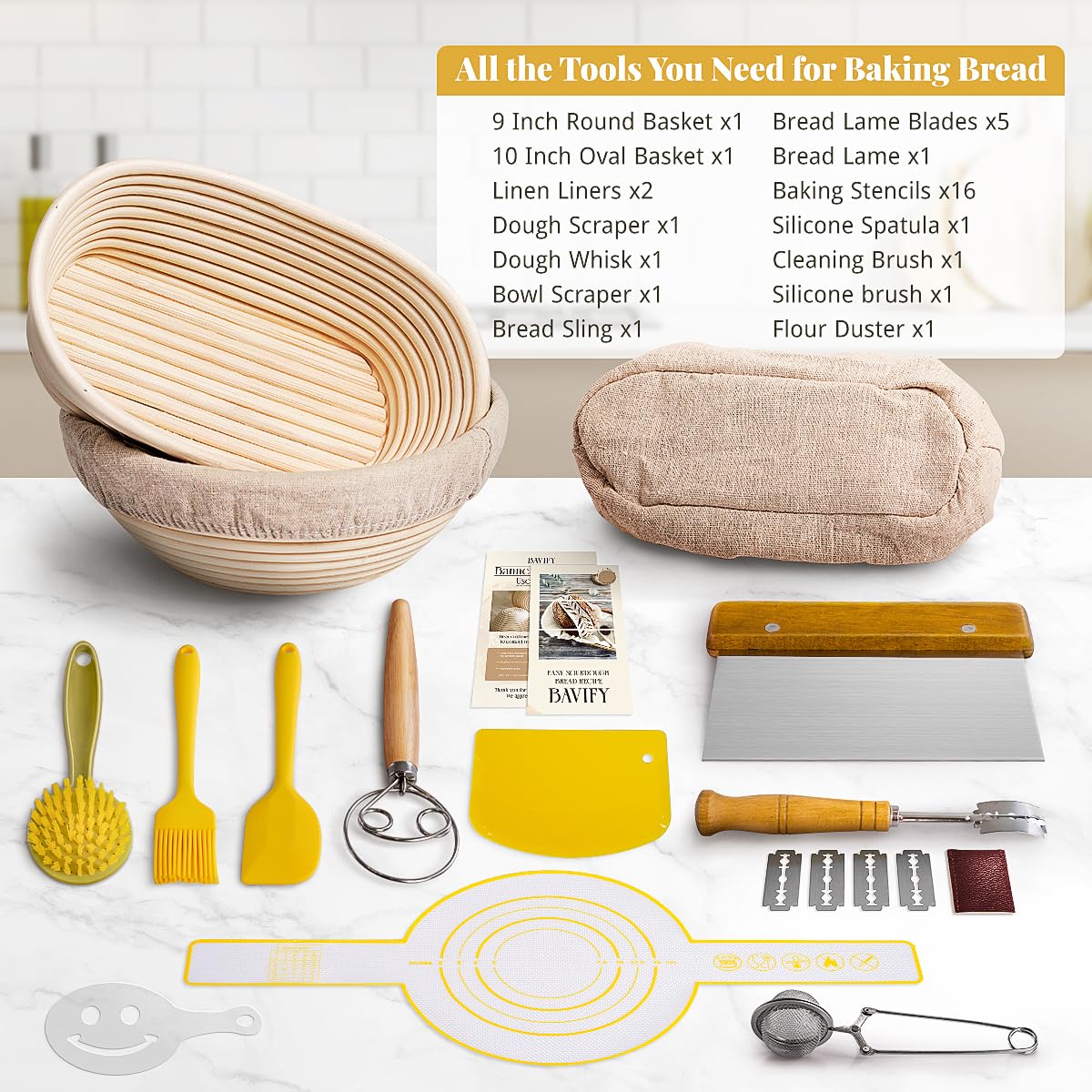 Sourdough Starter Kit, Banneton Bread Proofing Baskets Set, Sourdough Bread Baking Supplies Making Tools with Dough Scraper, Whisk, Bread Lame, Recipe