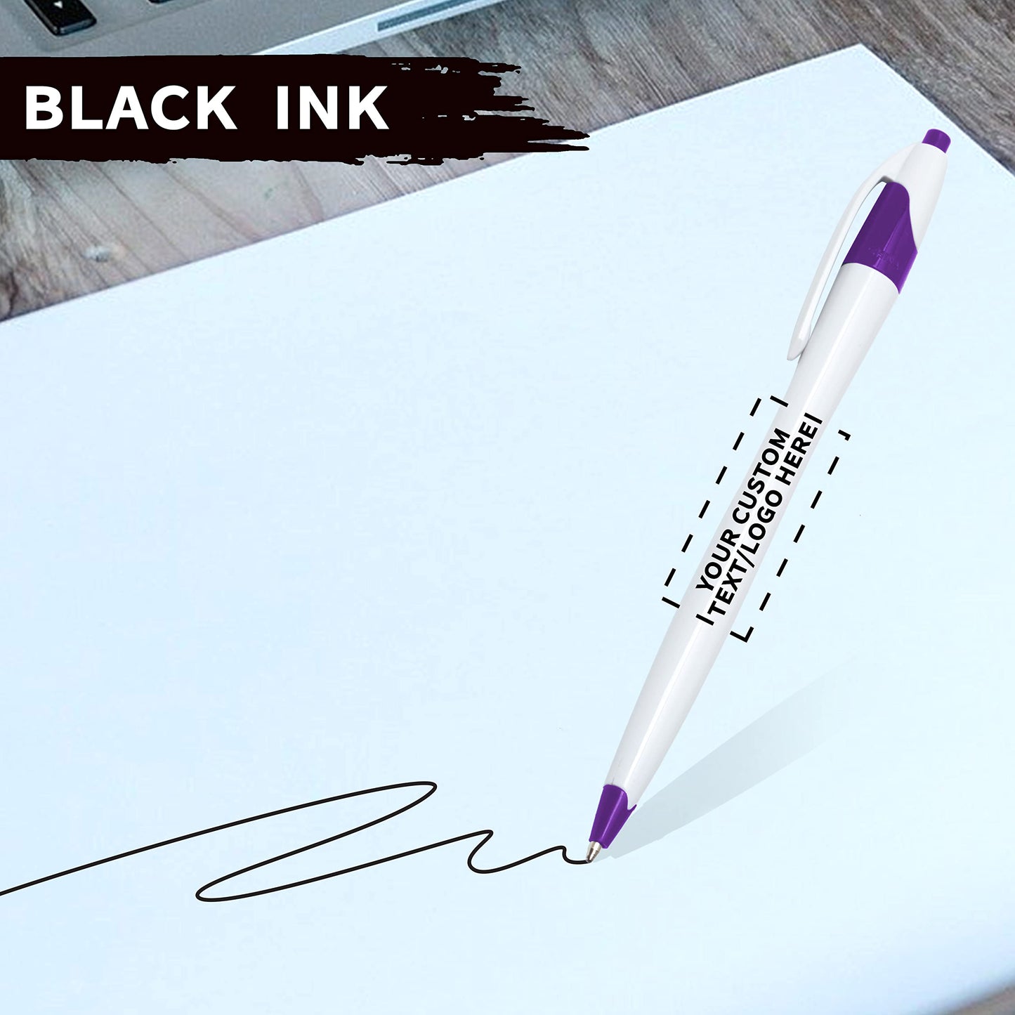 Personalized Ballpoint Pens Set of 10/50/100 by DISCOUNT PROMOS- Black Ink, Slim & Curvy Design, Retractable, Ideal for Office, Corporate Merchandise, Tradeshows- Purple