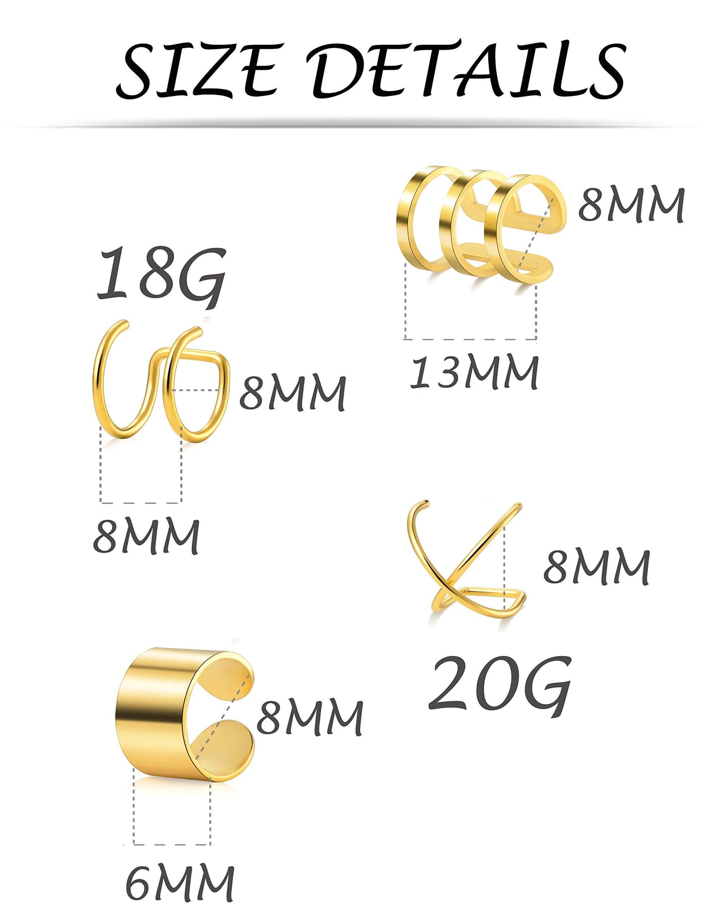 Tornito 4-10 Pairs Stainless Steel Ear Cuff Helix Cartilage Clip On Wrap Earrings Fake Nose Ring Non-Piercing Adjustable (B1: 4 Pairs, Gold Tone)