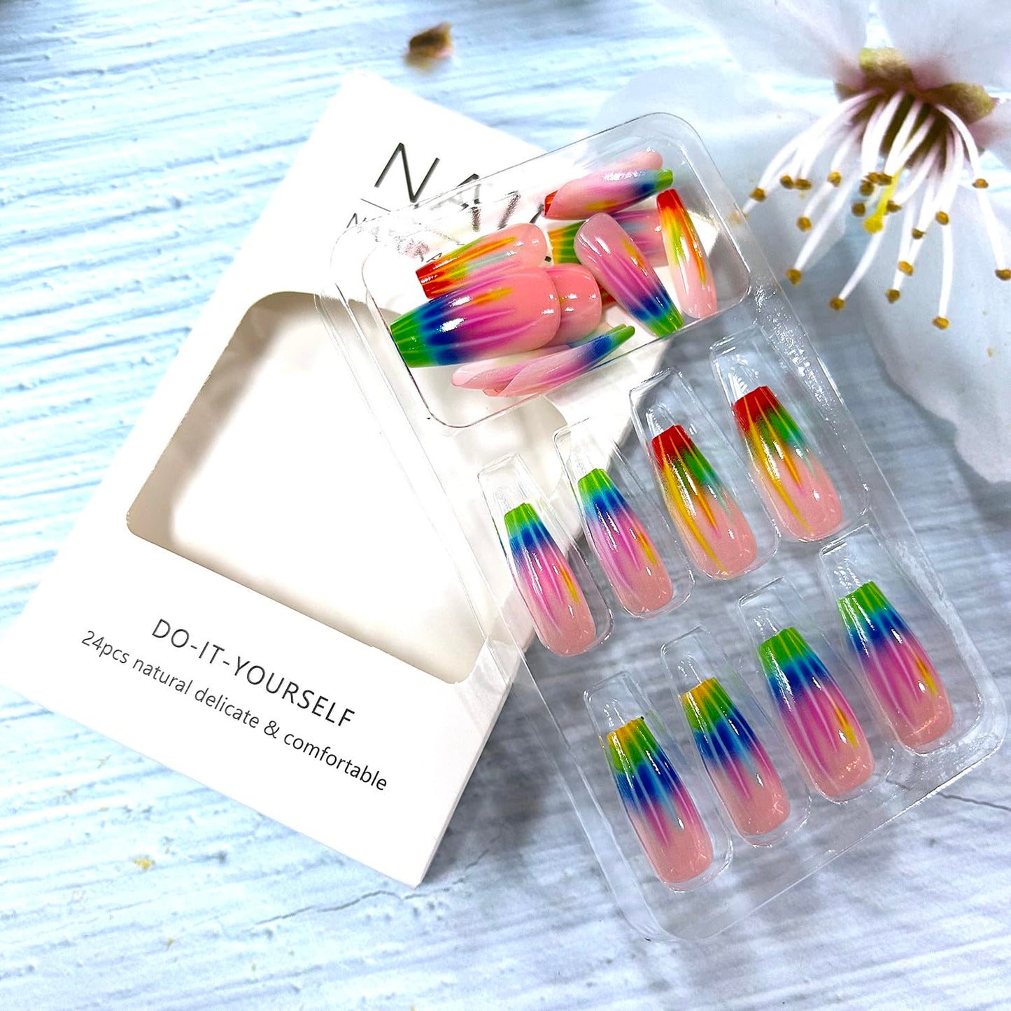 Colorful Stripes Smudge Press on Nails Medium Length Ballet Shaped Full Cover Glossy Nude Pink Acrylic False Nail Ballet Press Ons French Artificial Fingernails DIY Reusable Glue on Nails for Women