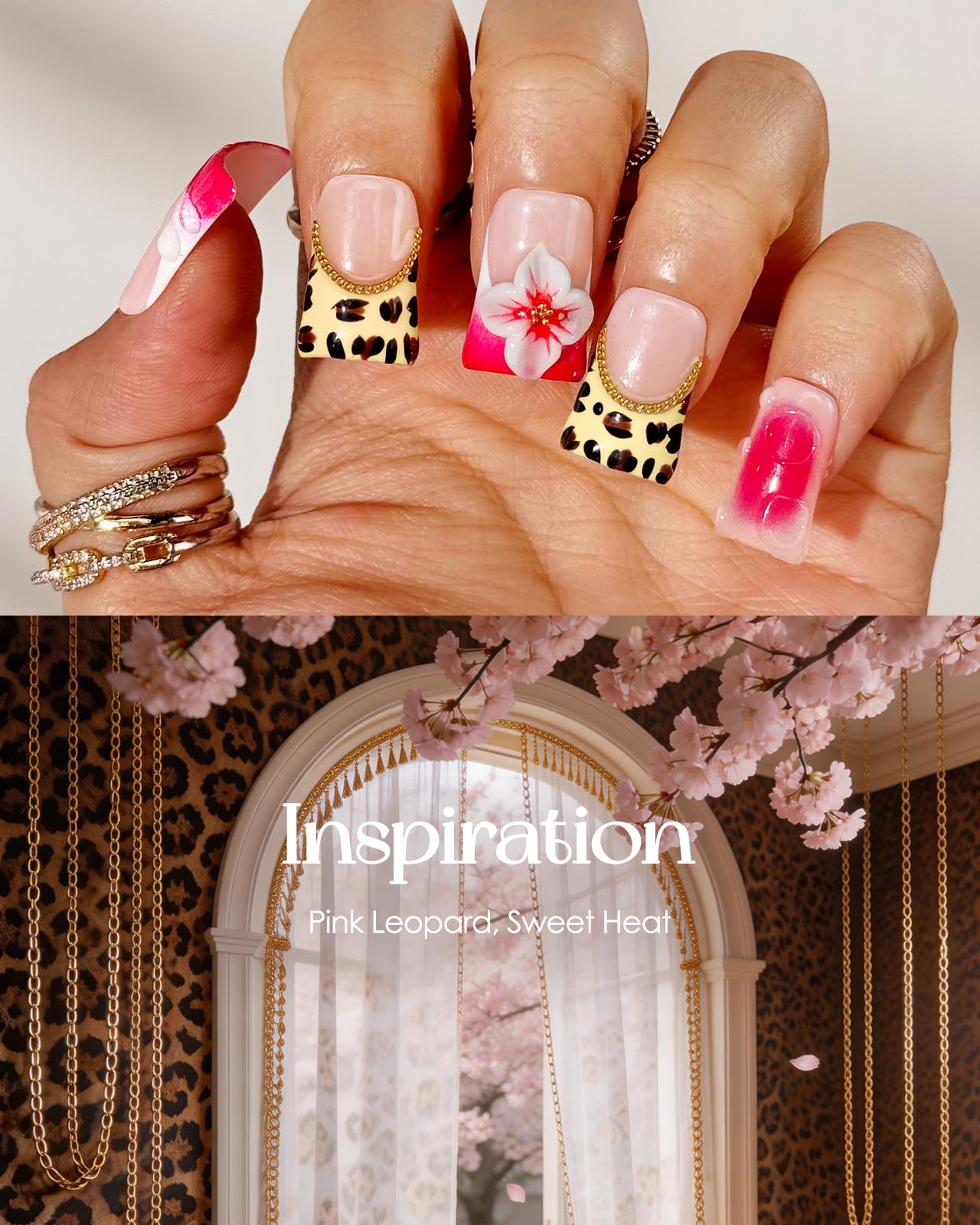 Buleens Handmade Press on Nails Acrylic Duck Nails-10pcs Short Luxury Y2K Pink Leopard 3D Fake Nails Kits with Glue
