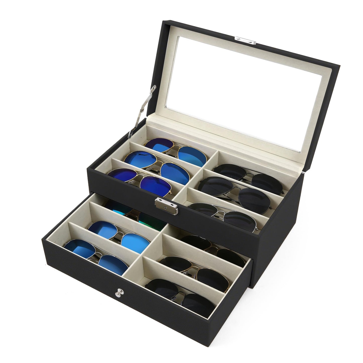 Homeanda 2-Layer Sunglasses Case - 12 Slots Hard Shell Eyeglasses Storage Box PU Leather Organizer, Protective Glasses Organizer Christmas Gift for Men and Women(Black)
