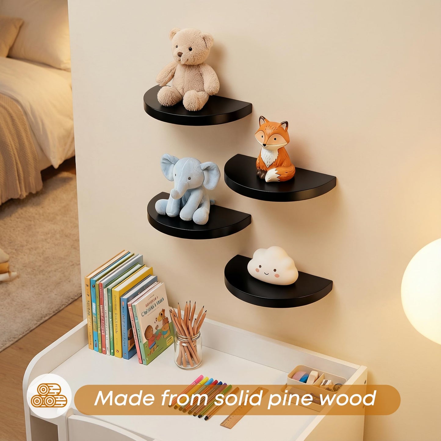 MITREL Small Wood Floating Shelves (2-Pack, 6-inch Diameter) - Round Sturdy Invisible Wall Mount Display for Small Plants,Toys,Bathroom,Living Room Storage & Modern Rustic Décor (Black)