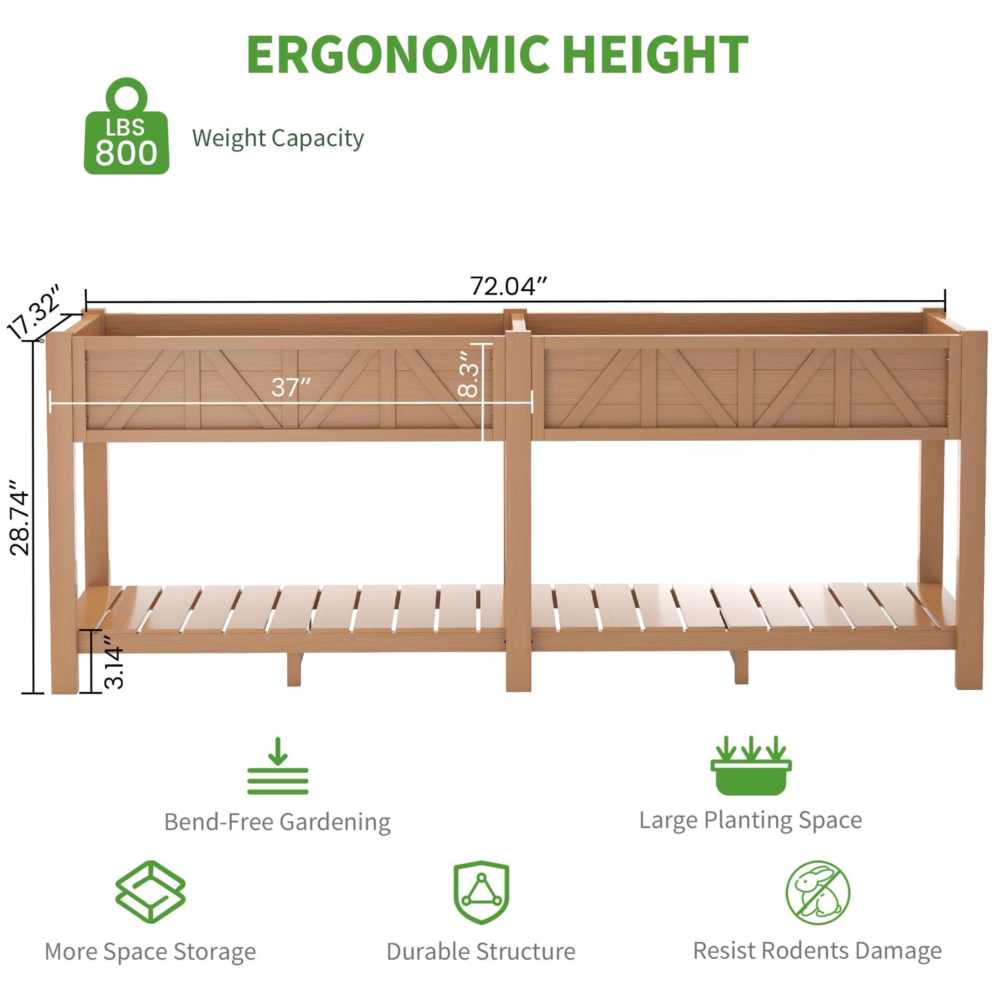 HIPS Elevated Raised Garden Bed with Legs,72"L x 17.3"W x 28.7"H Large Outdoor Planter Box with Storage Rack,All-Weather Raised Bed Planters with 6 Hooks & 2 Non-Woven Liner for Vegetables Flower Herb