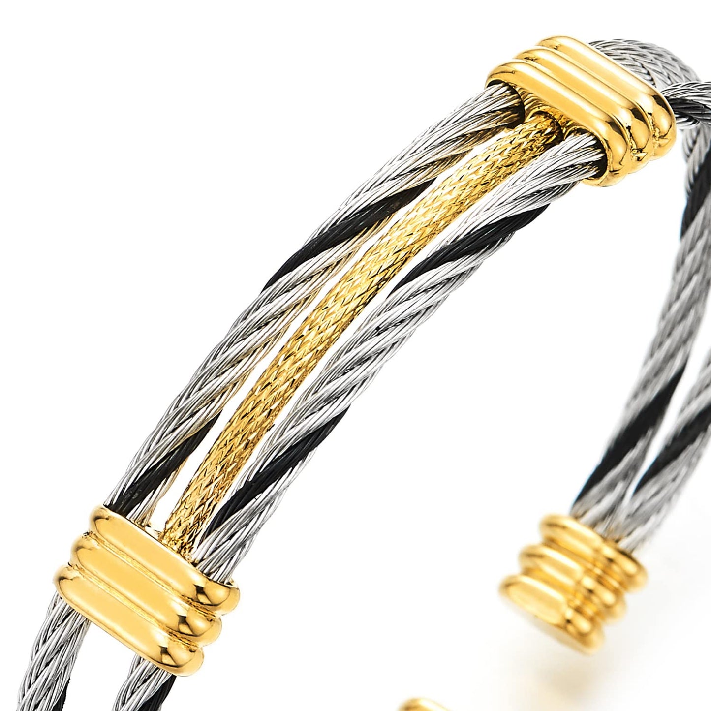 COOLSTEELANDBEYOND Men Women Silver Gold Black Stainless Steel Twisted Cable Adjustable Cuff Bangle Bracelet
