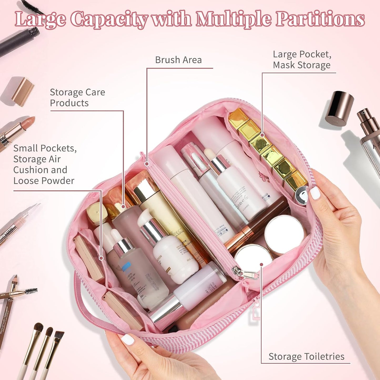 Travel Makeup Bag for Women, 2Pcs Portable Personalized Initial Makeup Organizer Bag, Open Flat Large Cosmetic Bag With Travel Essential Pouch (Pink Letter D)