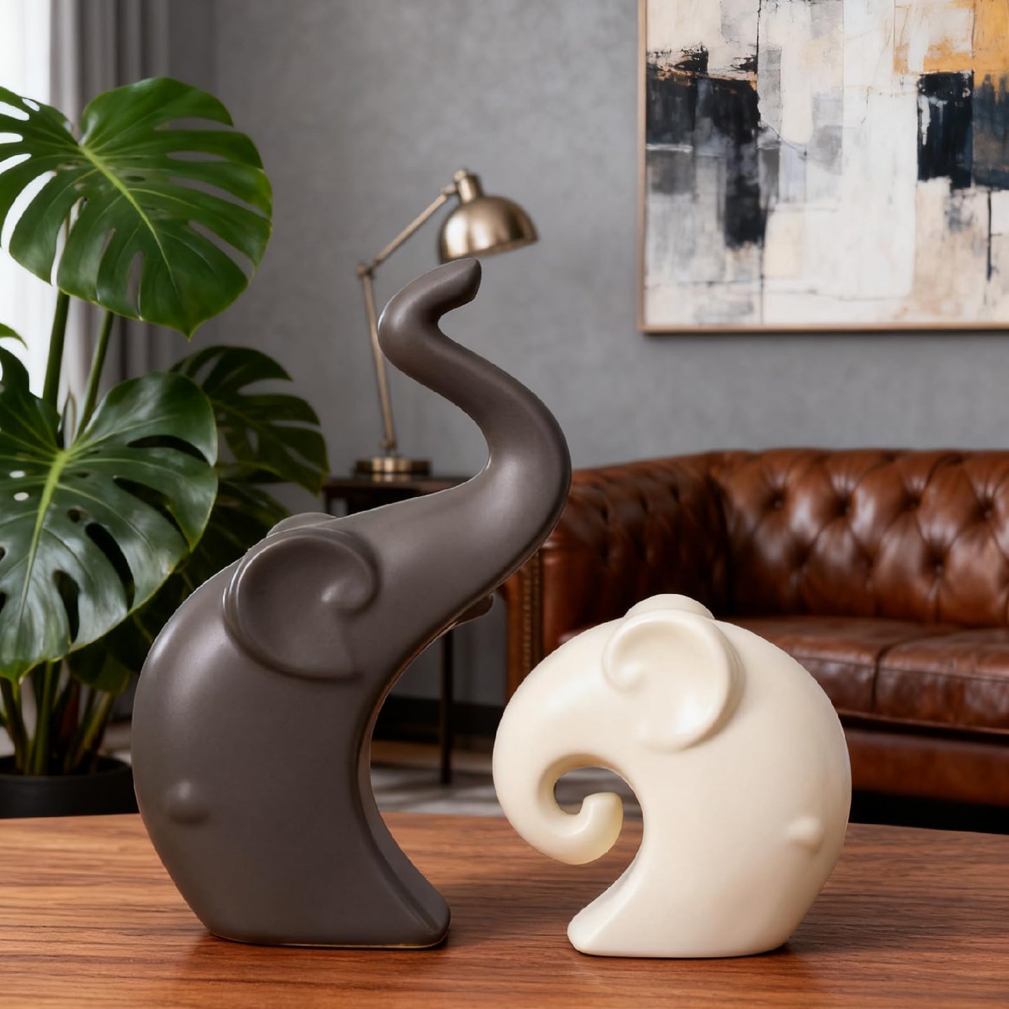 Ammzus Ceramic Elephant Couple Statues, Modern Intertwined Elephant Figurines for Home Decor, Love Symbol Wedding, Nordic Porcelain Decorations for Living Room, Shelf, Tabletop