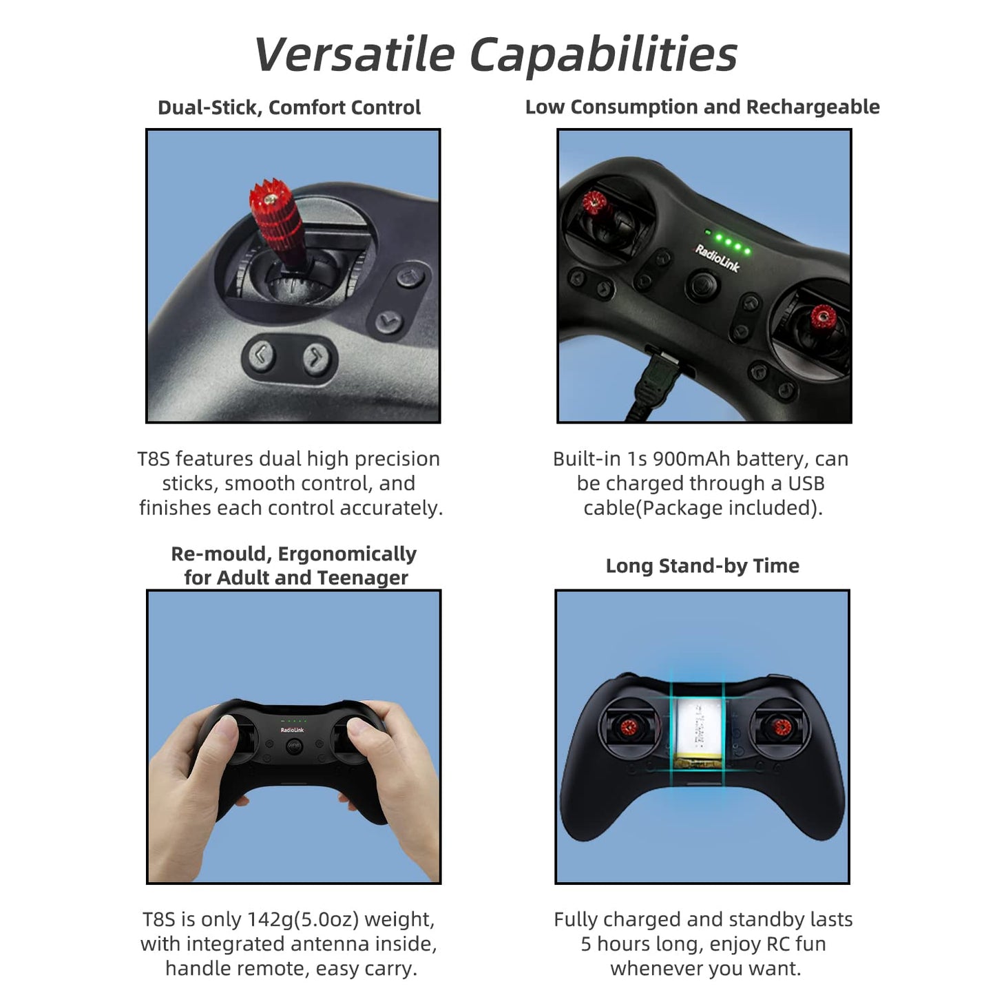 Radiolink T8S 8 Channels 2.4G RC Pocket Size Transmitter and Receiver R8EF RX, Radio Remote Controller, Built-in Rechargeable 1S Battery for Quad Drone/Airplane/Car/Boat/Robot and More (M2 Left Hand)