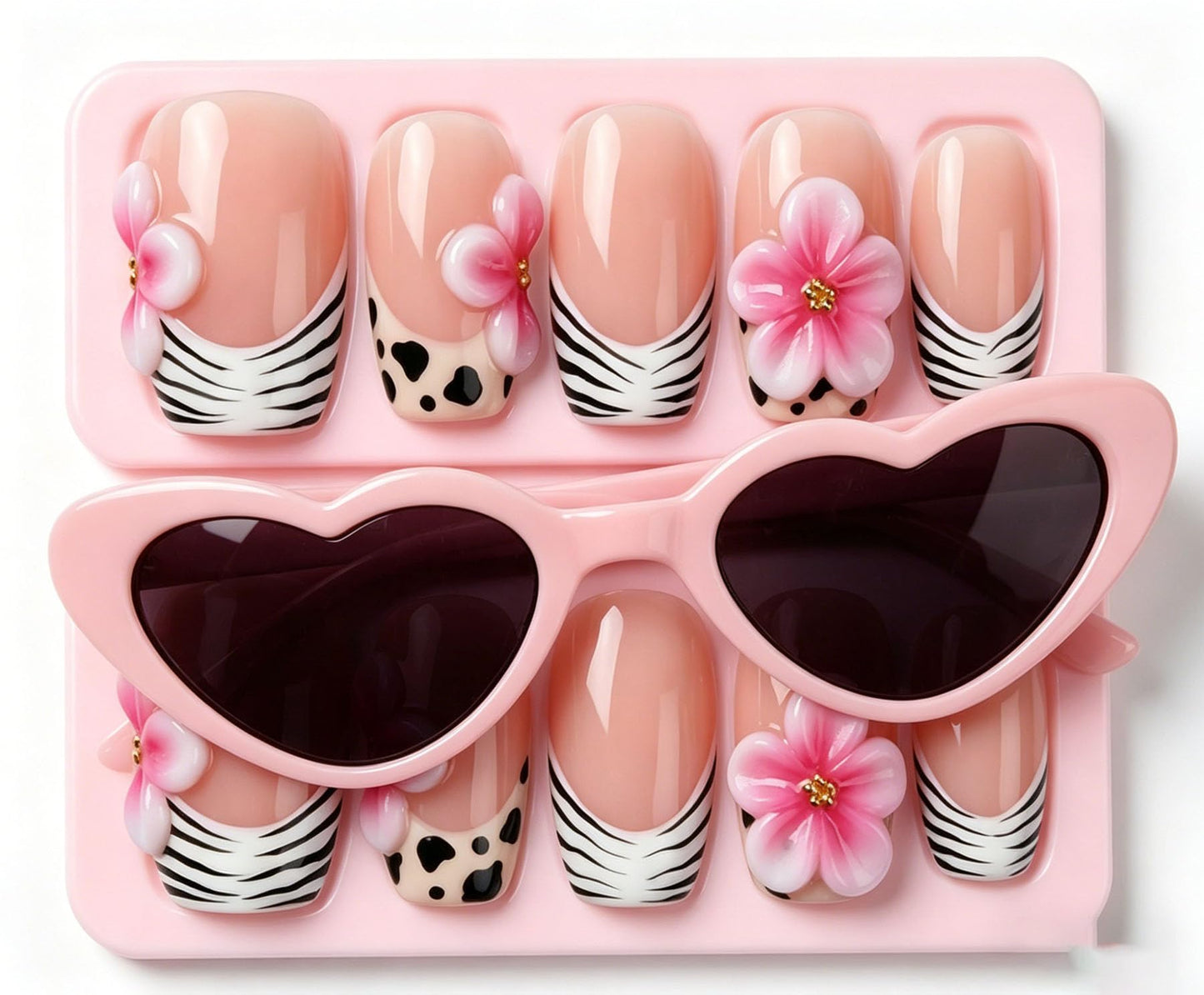 Short Square Press on Nails Handmade 3D Cute Glue on Nails for Women, Luxury Homemade Press on Nail Art Design, Fake Nails with 3D Nail Charms Size M 2