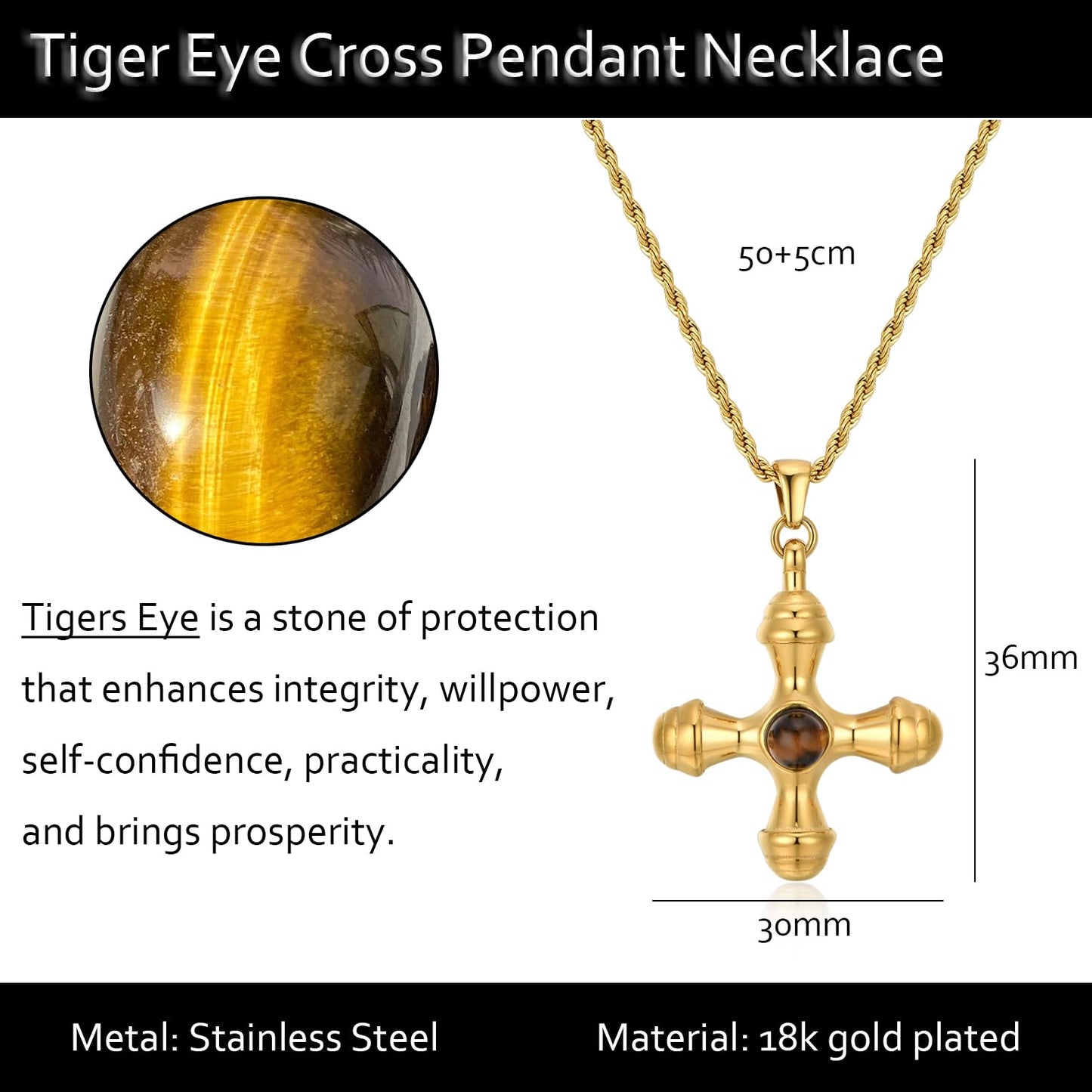 NUZON Cross Necklace for Women 18K Gold Plated Stainless Steel Healing Tiger Eye Gemstone Cross Pendant Necklace Chunky Layering Jewelry Twisted Chain 19.7’’