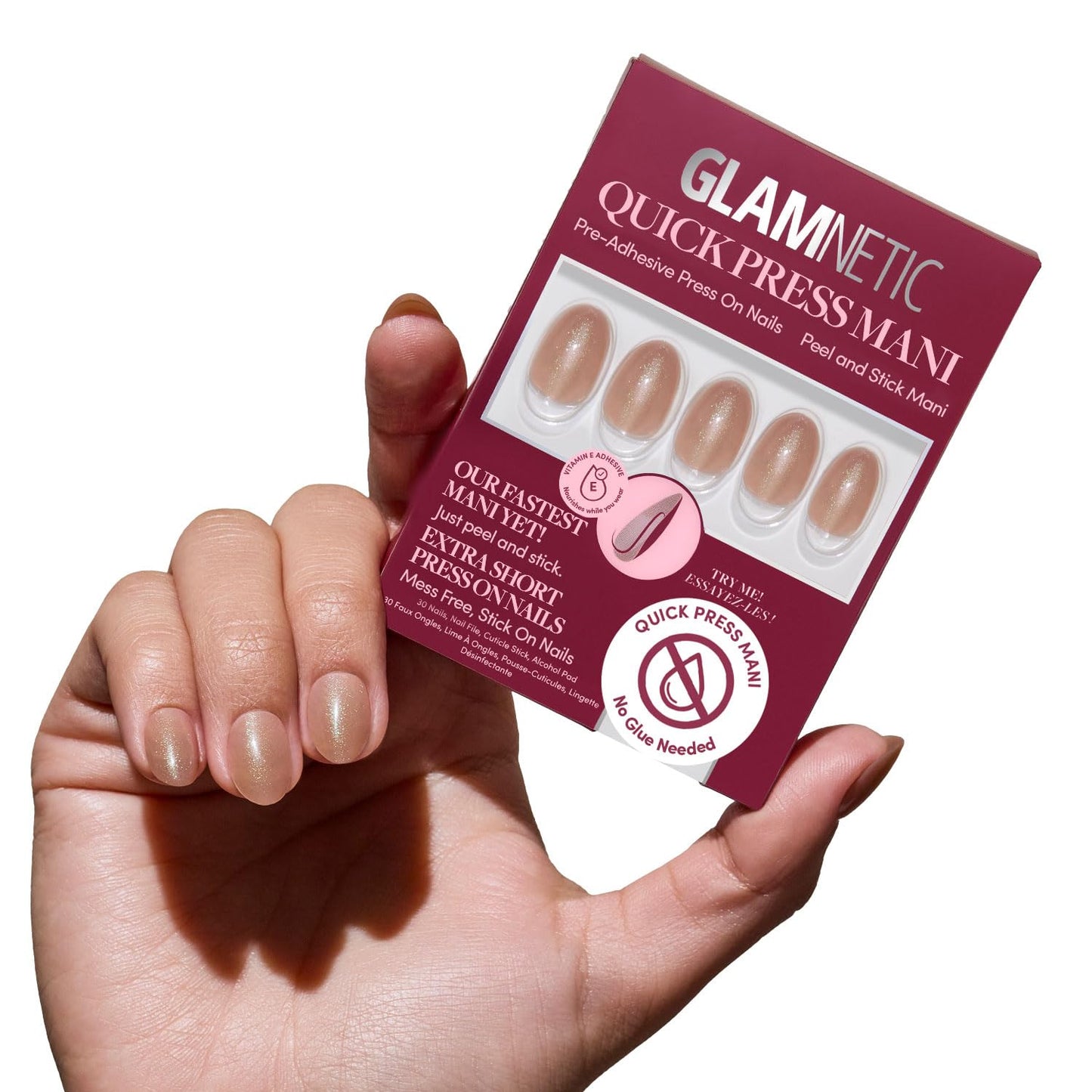 Glamnetic Quick Press Mani Bundle - No Glue Press On Nails, Just Peel and Stick | Sparkly Brown & Teddy | Mess Free Salon Quality Stick On Nails | Oval Extra Short Nails