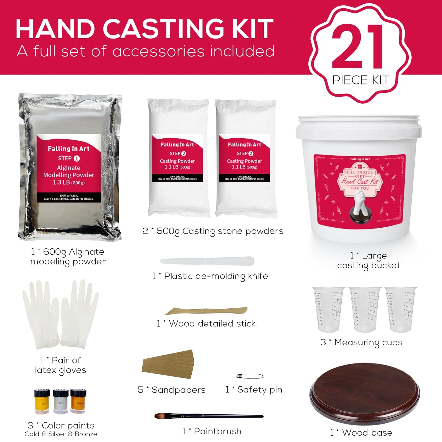 Falling in Art Hand Casting Kit Couples - Keepsake Plaster Hand Mold Kit for Family, Kids, Adults with Large Bucket, Gloves, Powder Materials, Color Paints, Wooden Base, Valentine's Day Gift