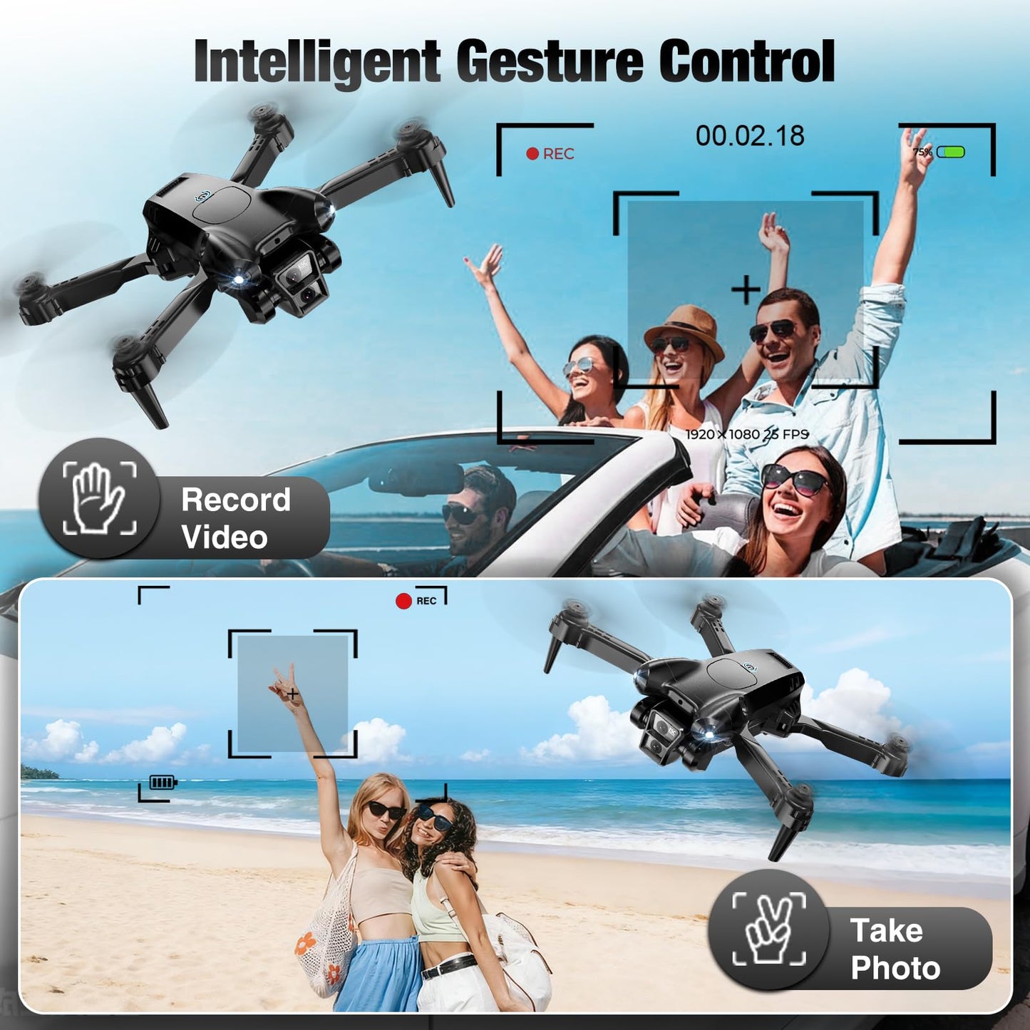 ASFSFQ Drone with Camera 1080P HD,Mini Drone for Beginners Kids Adults,Foldable RC Quadcopter with Stable Hover,Trajectory Flight,One Key Take Off/Land,2 Batteries,Toys for Boys and Girls（Black)