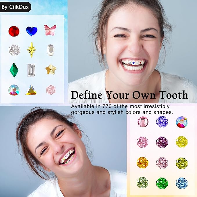 CiikDux DIY Tooth Jewelry Kit - 770 Crystals, 12 Shapes Bedazzle Gems, Teeth Jewelry Starter Set