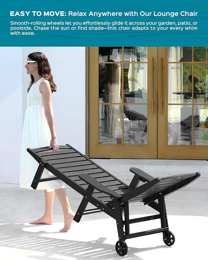 Ciokea Lounge Chair Outdoor, Oversized Chaise Lounge Chair with 5 Positions, HDPE, Patio Lounge Chair with Wheels & Cup Holder for Pool, Deck, Poolside, Black