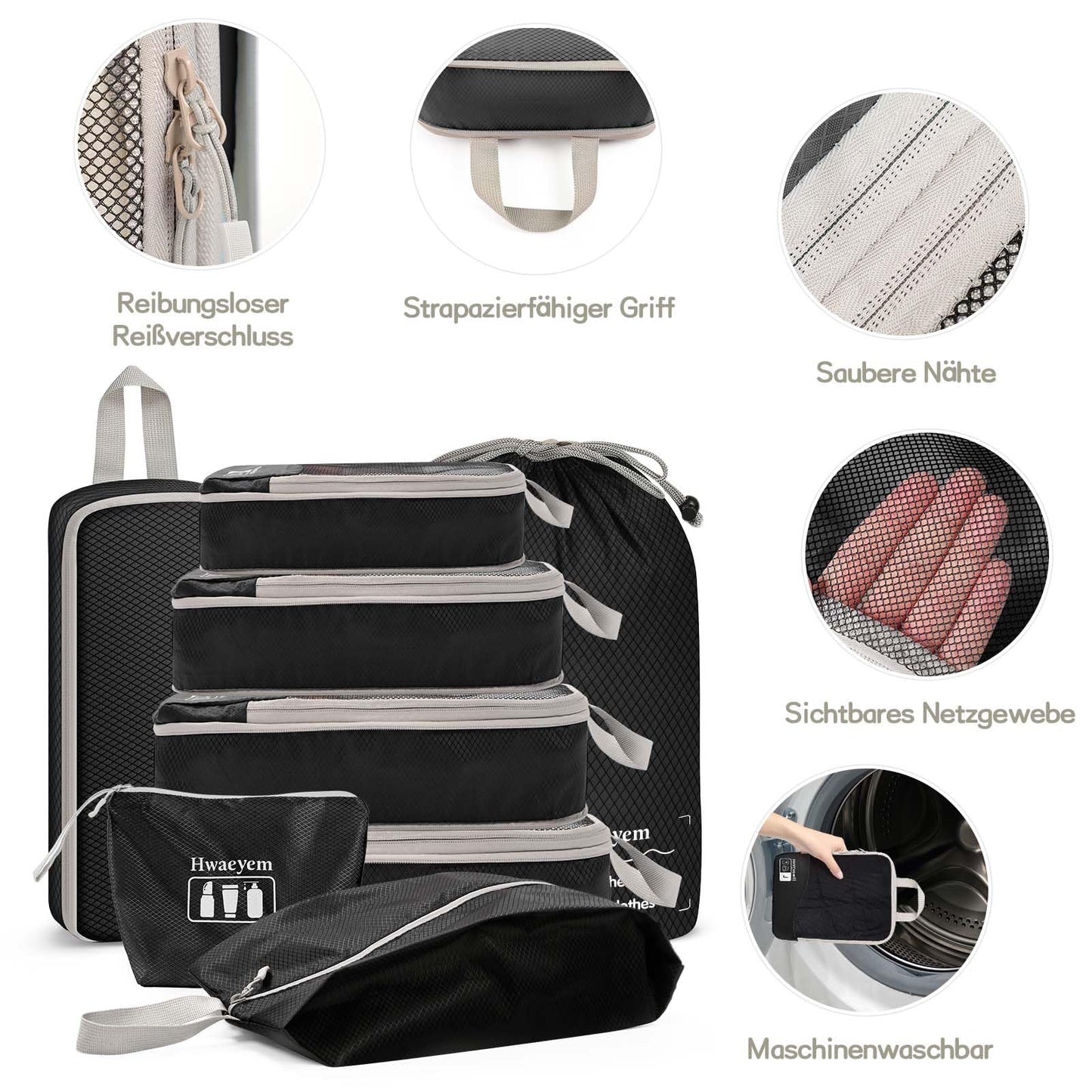 HWAEYEM Compression Packing Cubes 8 Set, Dual Zipper Compression Packing Cubes for Travel, See-Through Mesh Packing Bags for Suitcases, Packing Cube with Shoe Bag (Black)