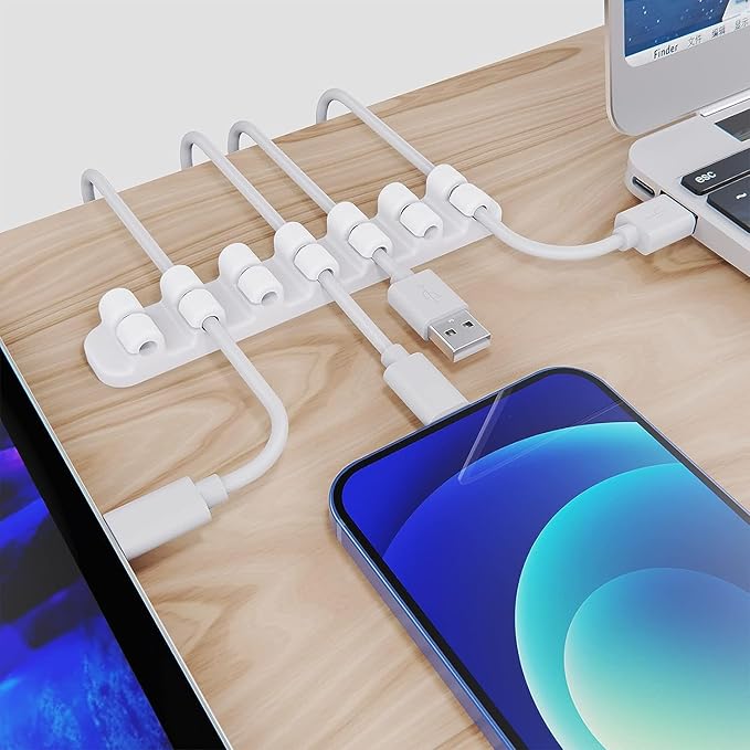 SOULWIT Upgraded Cable Holder, Cable Management Cord Organizer Clips Silicone Self Adhesive for Desktop USB Charging Cable Power Cord Bedside Wire PC Office Home (3/5/7 slot,White)