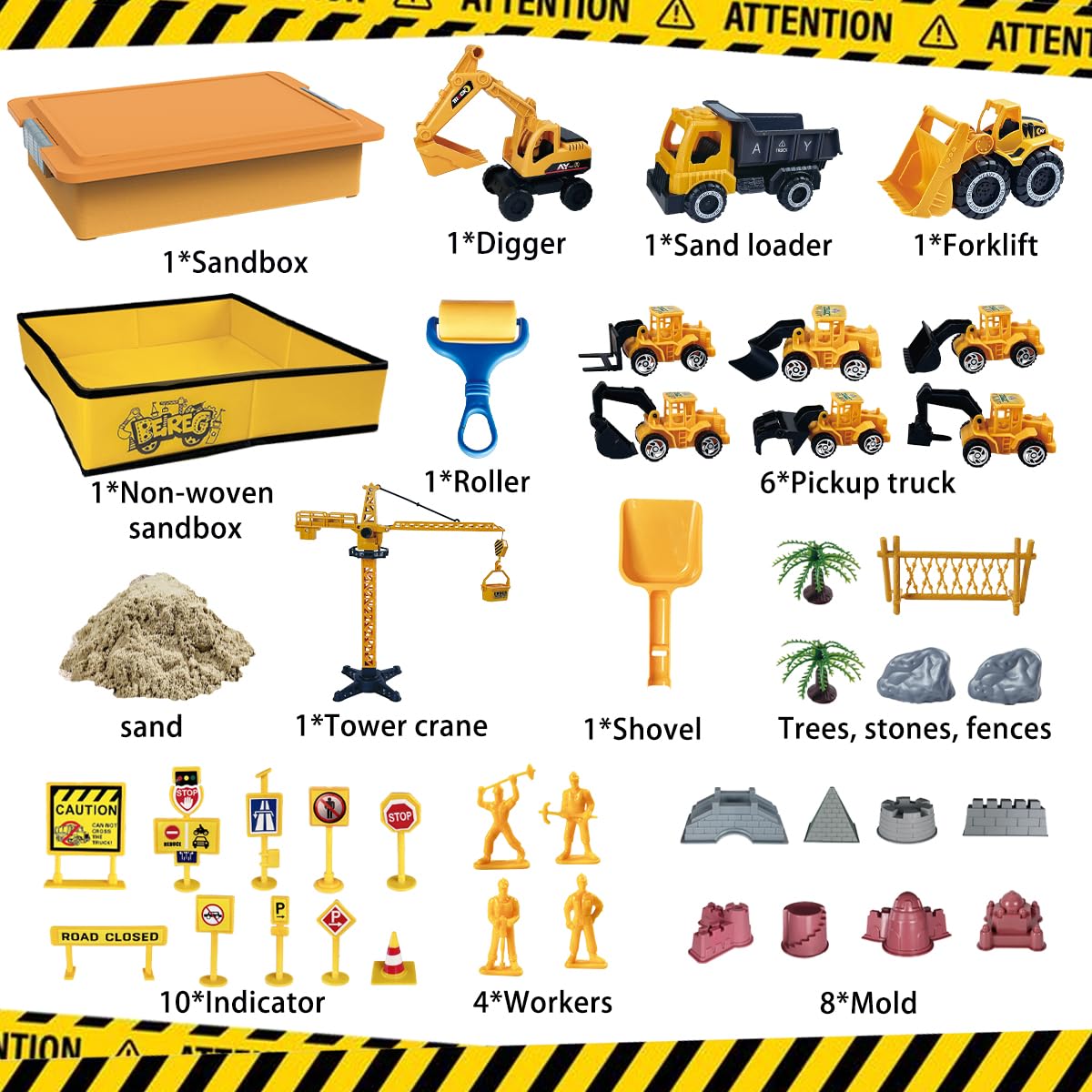 BEIREG Construction Sensory Sand Kit - 42 PCS Building Set with 2lbs Magic Sand, 9 Construction Trucks, Foldable Roof Sandbox, Cranes, Road Signs & Tools | STEM Gift for Boys Ages 3-8
