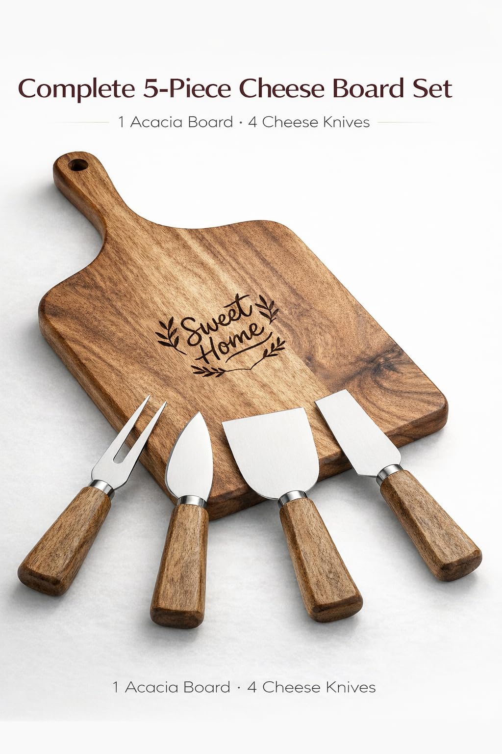 GleeNflux Charcuterie Board Set, 5-Piece Acacia Wood Cheese Board with 4 Cheese Knives, “Sweet Home” Engraved, Gift-Ready for Couples, Housewarming & Wedding