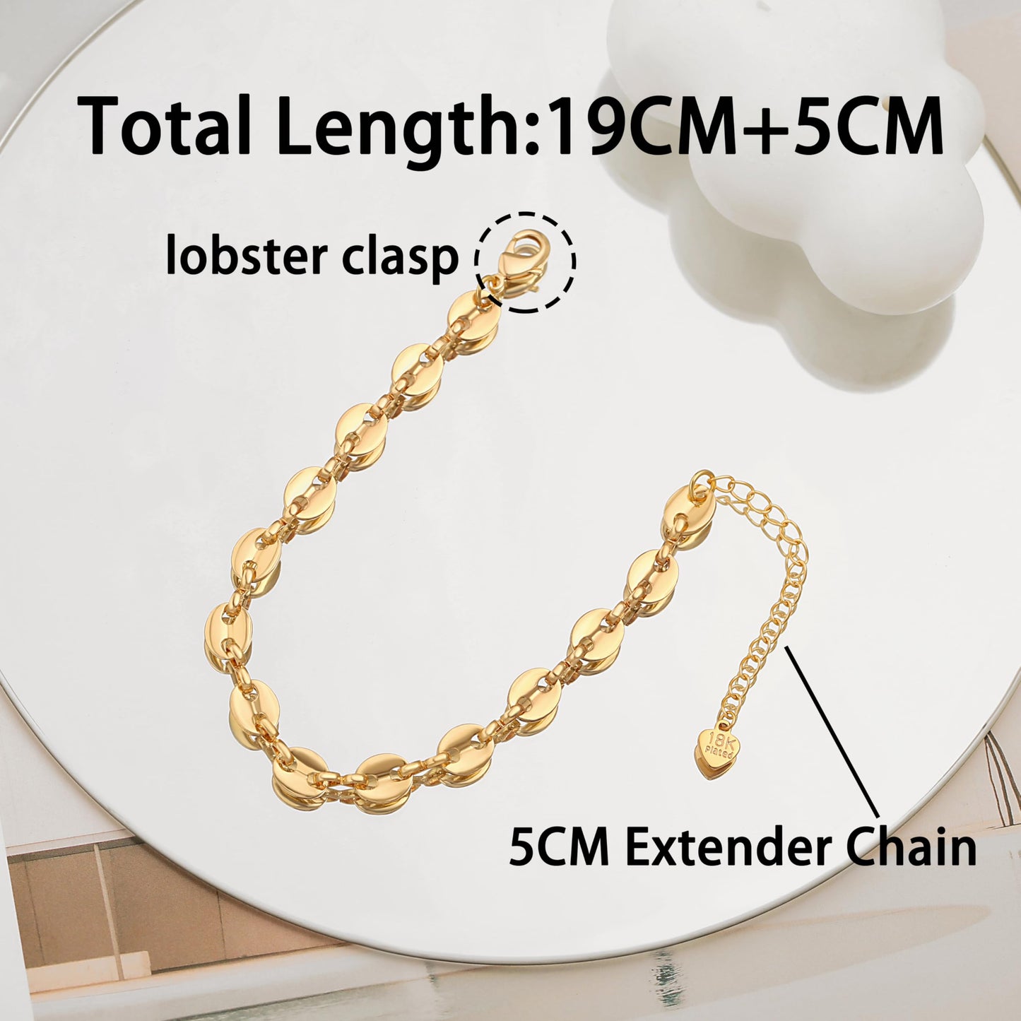 SOFYBJA Dainty 18K Gold Pig Nose Coffee Bean Link Chain Bracelet for Women Personalized Adjustable Bracelet Layered Jewelry