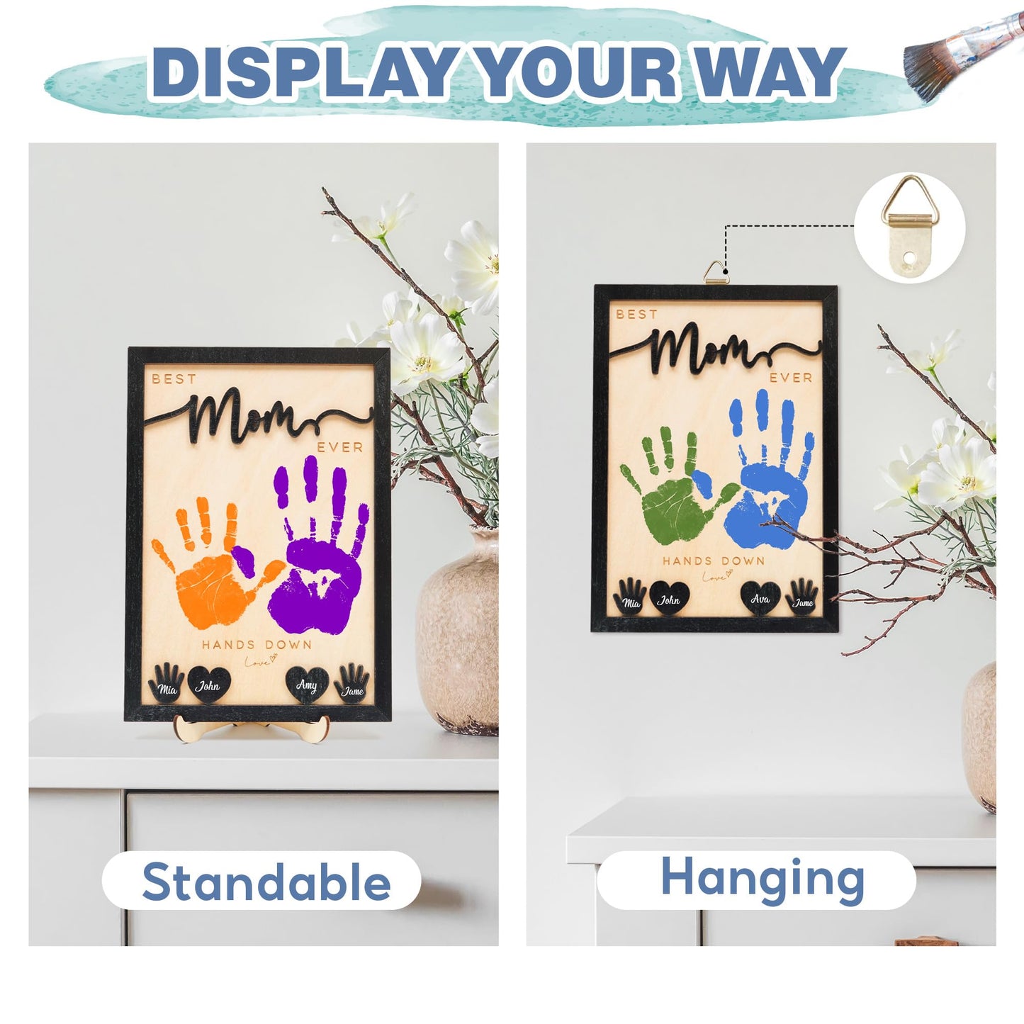 10" Hands Down Best Mom Ever DIY Handprint Kit - Wood Frame with Paints & Keychain - Kids Names Family Keepsake - Heartfelt Mother's Day or Birthday Gift To Mum (Mom)