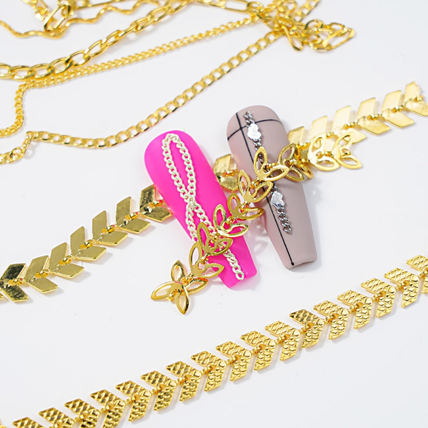JERCLITY 2 Boxes - 36 Strips Multi-Color and Gold Metal 3D Nail Chains for Nail Art - Punk Nail Charms, Colorful Chains for Nails