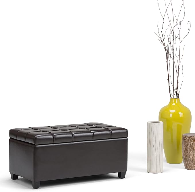 SIMPLIHOME Sienna 33 inch Wide Transitional Rectangle Storage Ottoman Bench in Tanners Brown Vegan Faux Leather, Assembled, For the Living Room, Entryway and Family Room