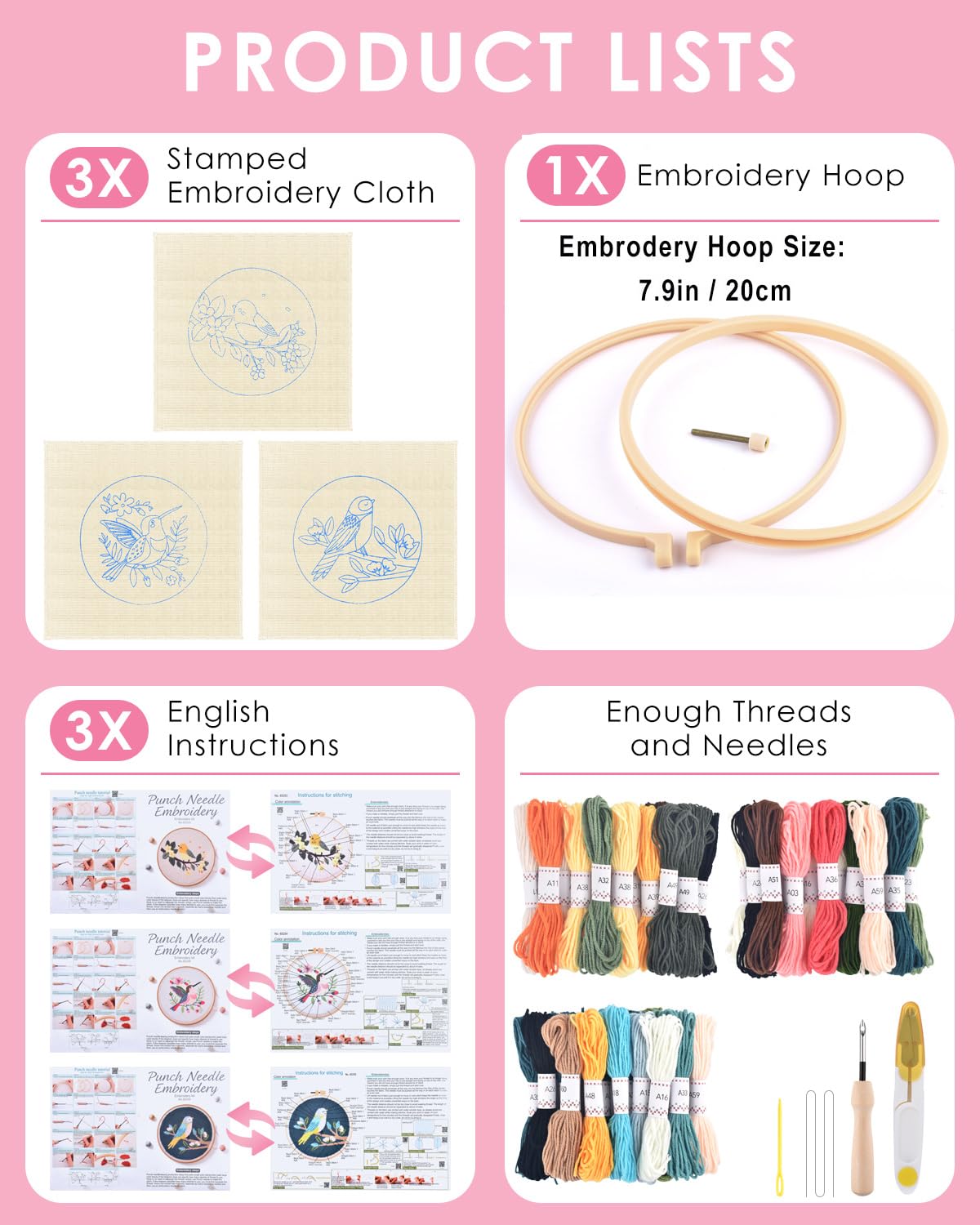 TINDTOP 3 Sets Punch Needle Kits, Panda Punch Embroidery Kits for Adults Beginner, Tool with Punch Needle Fabric, Hoops, Yarns and Sewing Needles (Bird)