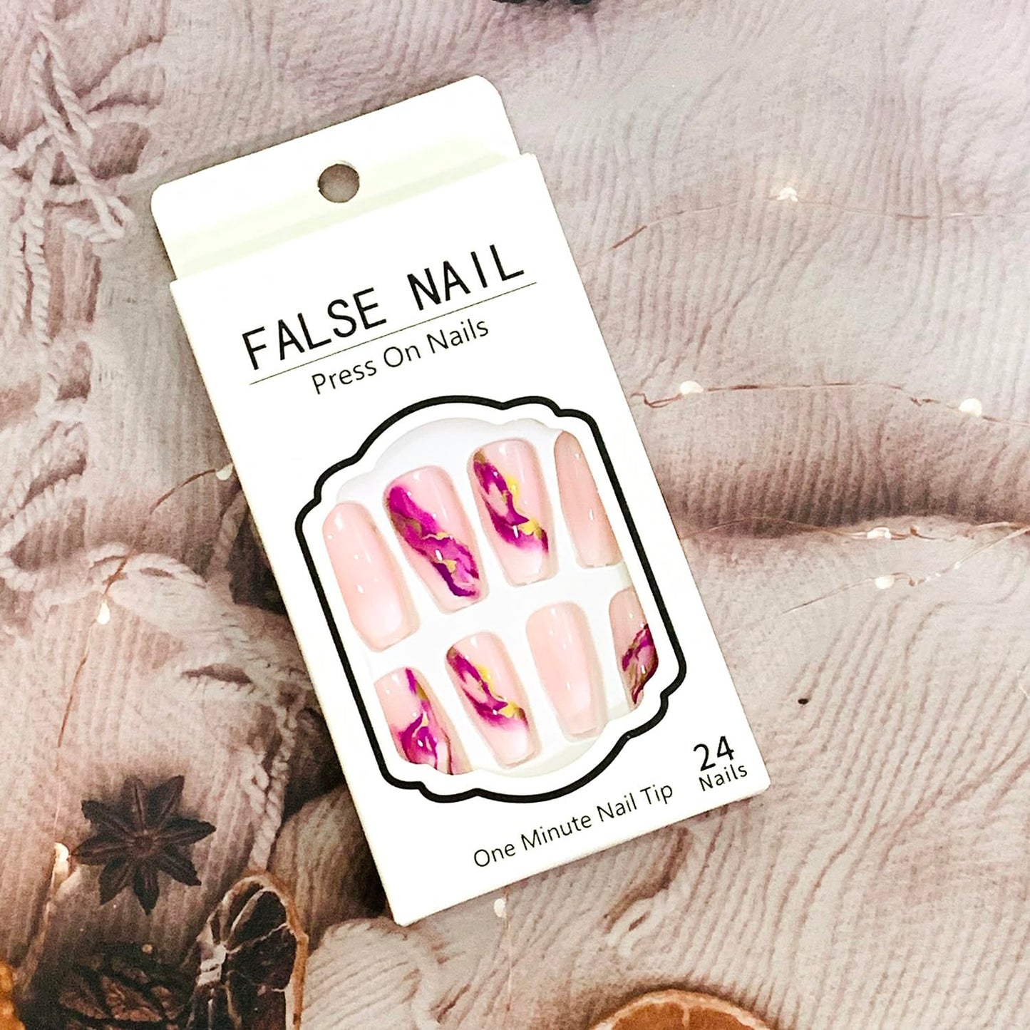 Vezocim Pink Press on Nails Square 24Pcs Glossy Full Cover Medium Acrylic Square False Nails with Marble Designs Artificial Coffin Reusable Fake Nails Glue ons Fingernails for Women Girls