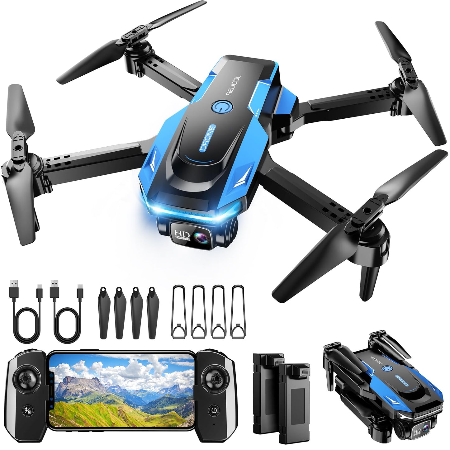 Drone with 1080P Camera - Foldable Remote Control Quadcopter with Gesture Control, 3D Flip, One Key Start, Emergency Stop, 2 Batteries, Easier to use, Toy for Adult Beginners, Black&Blue