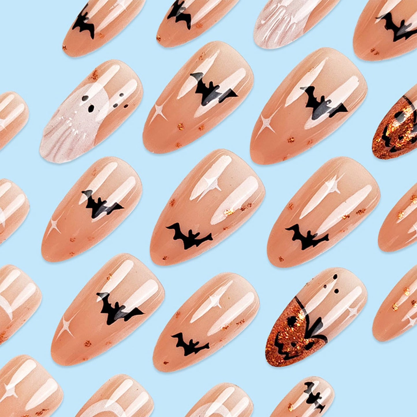 IMSOHOT Halloween Press on Nails - Nude Medium Almond Fake Nails with 3D White Ghost, Orange Glitter Pumpkins, Black Bat Designs | 24 Nail Kit with Glue, Glossy Cute Glue on False Nails