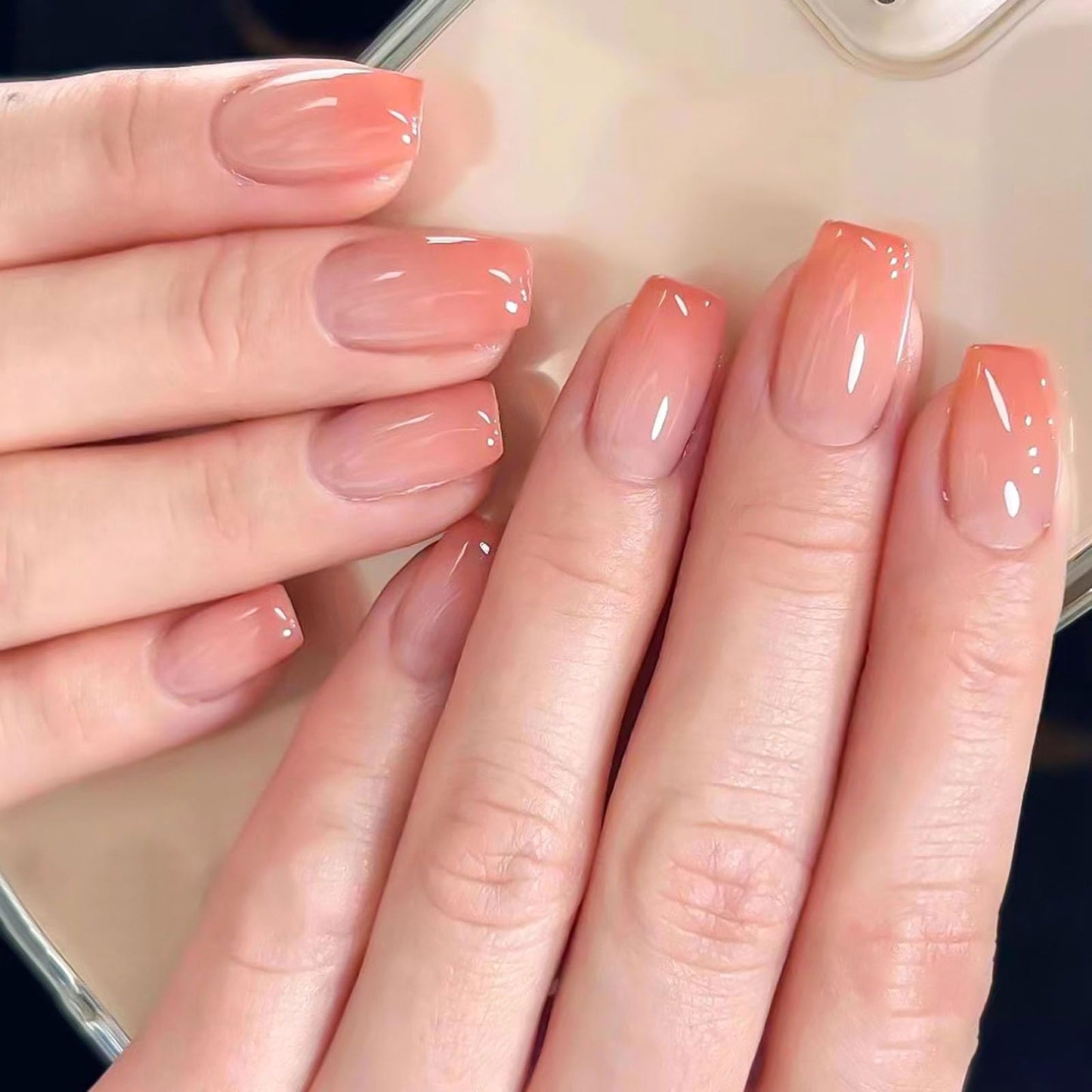 24Pcs Square Press on Nails Medium RTKHFZE Fake Nails Orange Color Gradient Full Cover Acrylic Nails Glossy Artificial Medium False Nails for Women Manicure