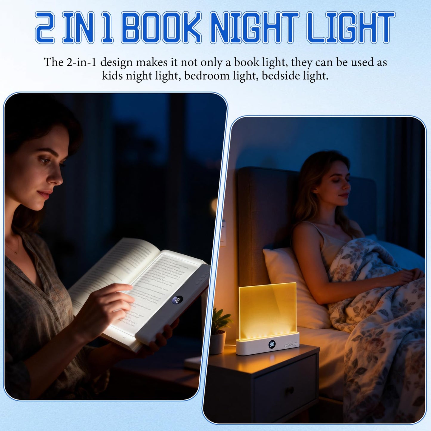 Book Light, Rechargeable Clear LED Flat Reading Light with 3 Colors & Timer, Dimmable Panel Plate Lamp Book Full Page Light for Reading in Bed at Night, for Women Readers Kids Book Lovers (White)