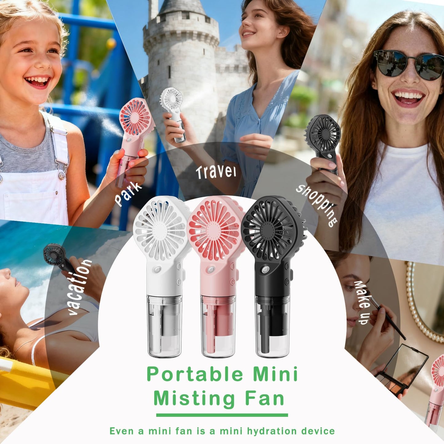 AIRPROSSING 3 Pack Misting Fan Portable - Handheld Mini Rechargeable with 4 Speeds & Water Mist - Ideal for Travel, Camping, Outdoor, Home, Office, Makeup,Commute