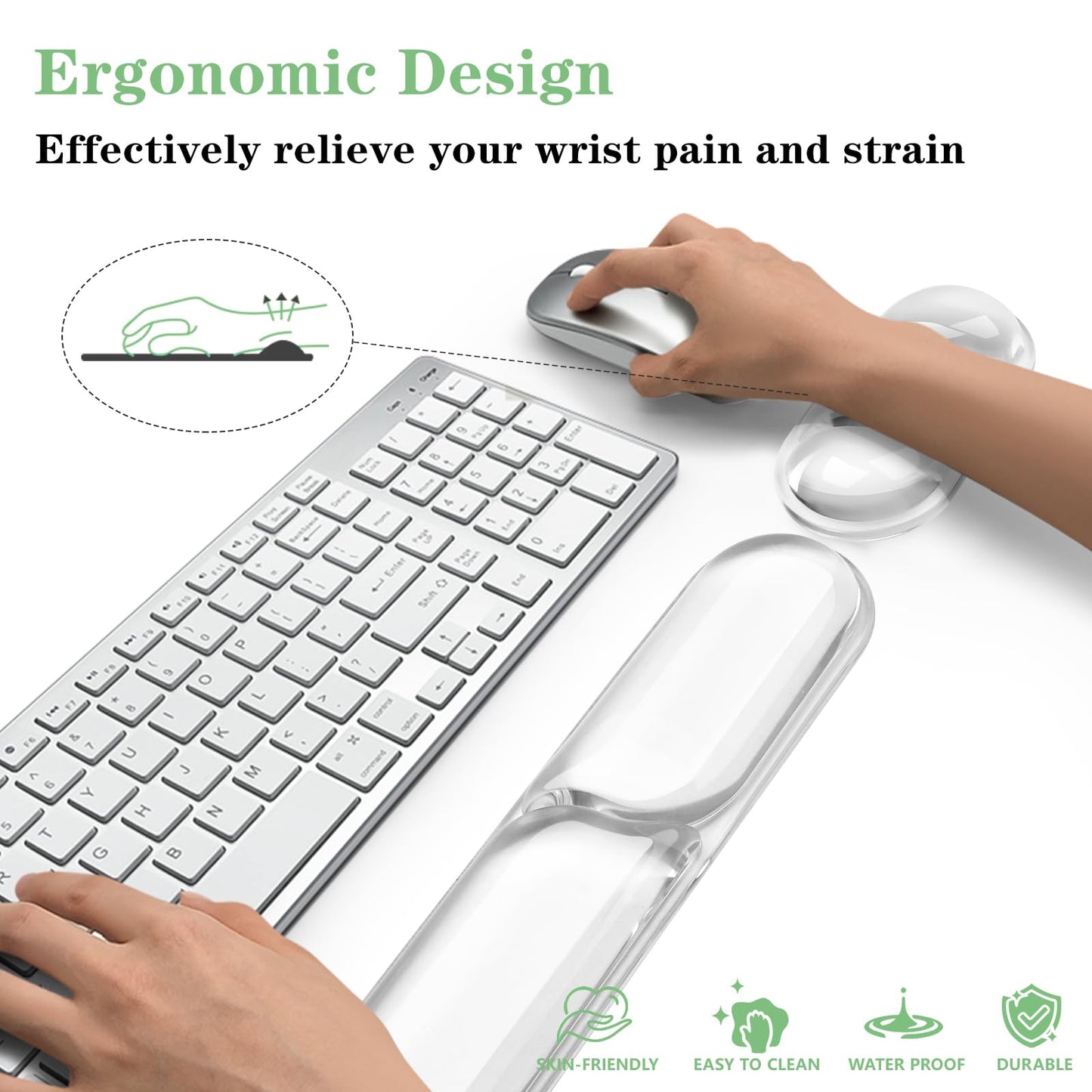 Keyboard and Mouse Wrist Rest, Silicone Gel Ergonomic Mouse Pad with Wrist Rest Set, Gaming Mousepad Arm Cushion Support for Computer Office Desk Accessories (Clear Gel White Set - 2)