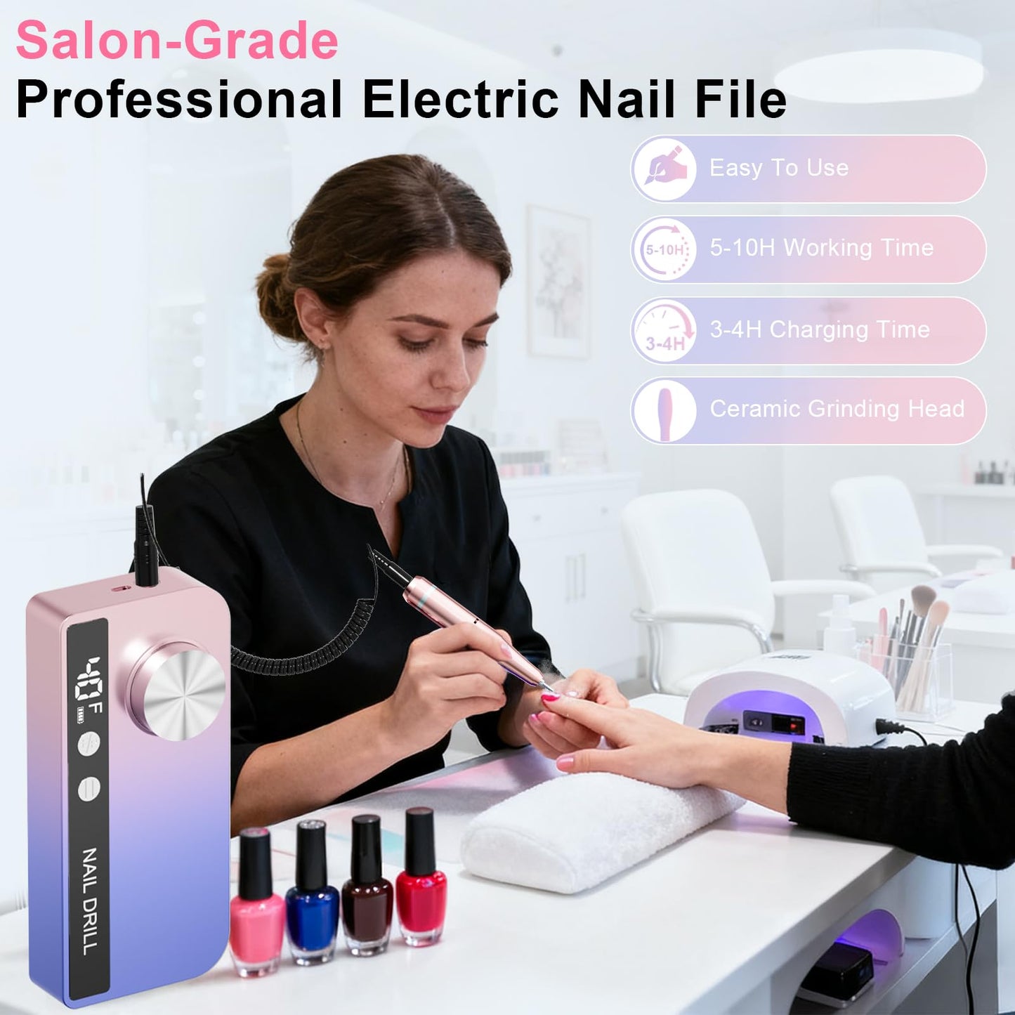 Professional Electric Nail Drill 40000RPM for Salon Home Use, Rechargeable Nail File Machine Kit with 12PCS Bits for Acrylic Gel Nails, Portable Efile Manicure Pedicure Tool (Pink Blue)