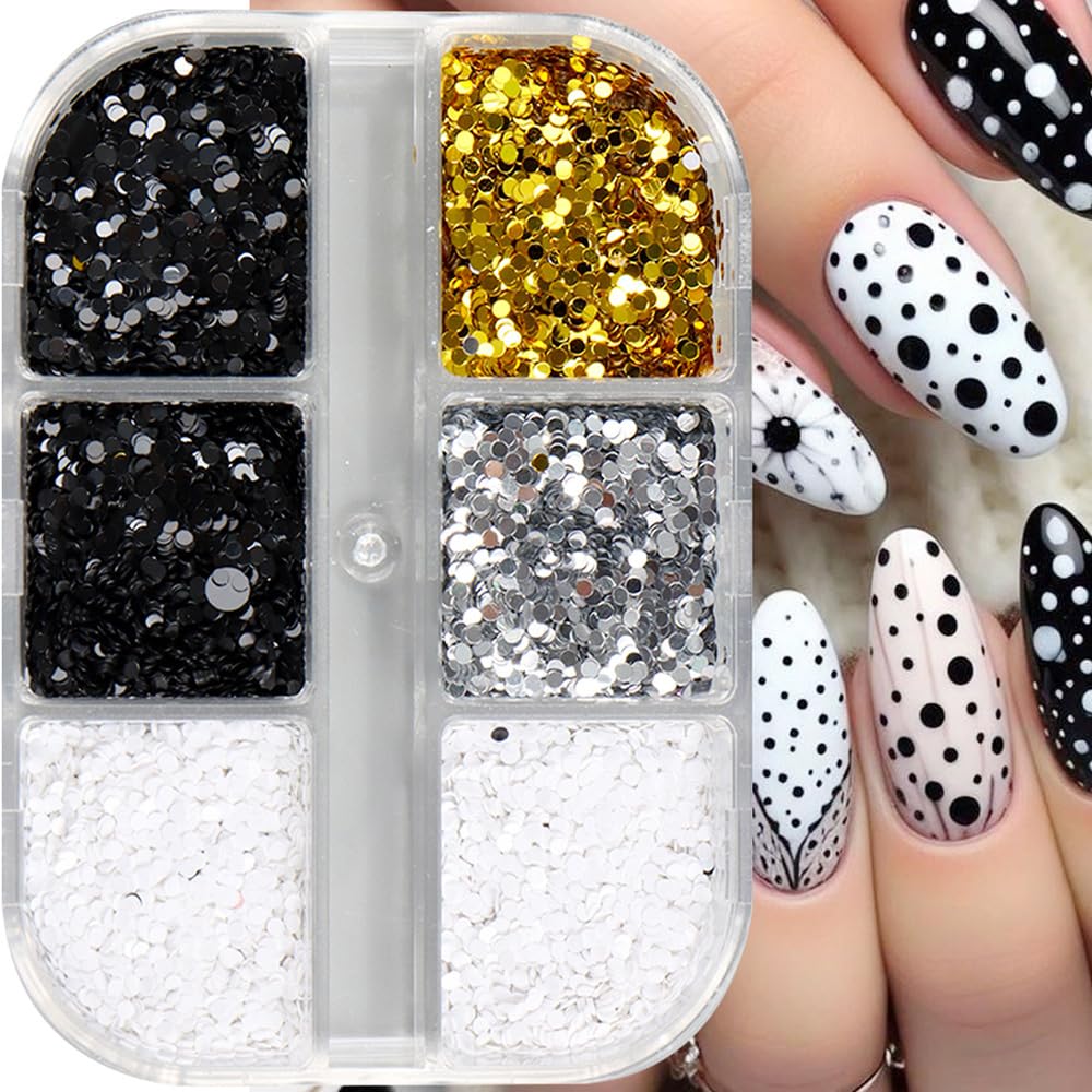 1 Box 6 Grids 3D Laser Mini Polka Dot Nail Sequins 1mm Tiny Dot Nail Glitter Flakes Black White Gold Silver Round Dots Paillettes Nails Charms Shiny Glitter for Nails Sequins for Crafts Manicure Decor