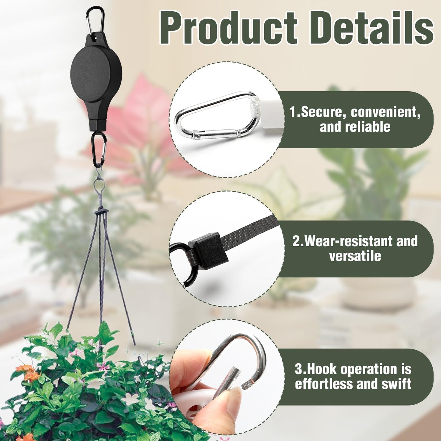 Muomdid 4-Pack Retractable Plant Hanger, Adjustable Height Plant Pulley Hook for Indoor Outdoor Hanging Baskets, Flower Pots, Bird Feeders, Black & White