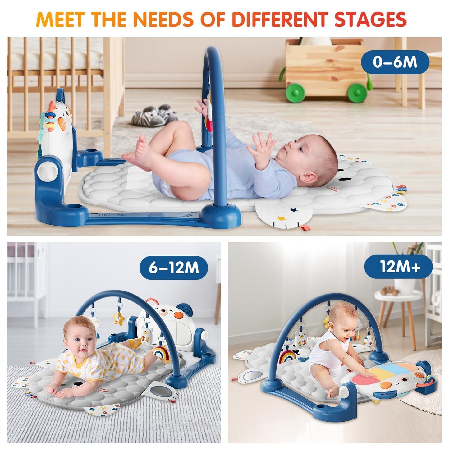 Baby Play Gym Mat, Kick and Play Piano Mat for Babies, Infant Tummy Time Activity Playmat with 5 Detachable Toys, Easy to Install & Clean