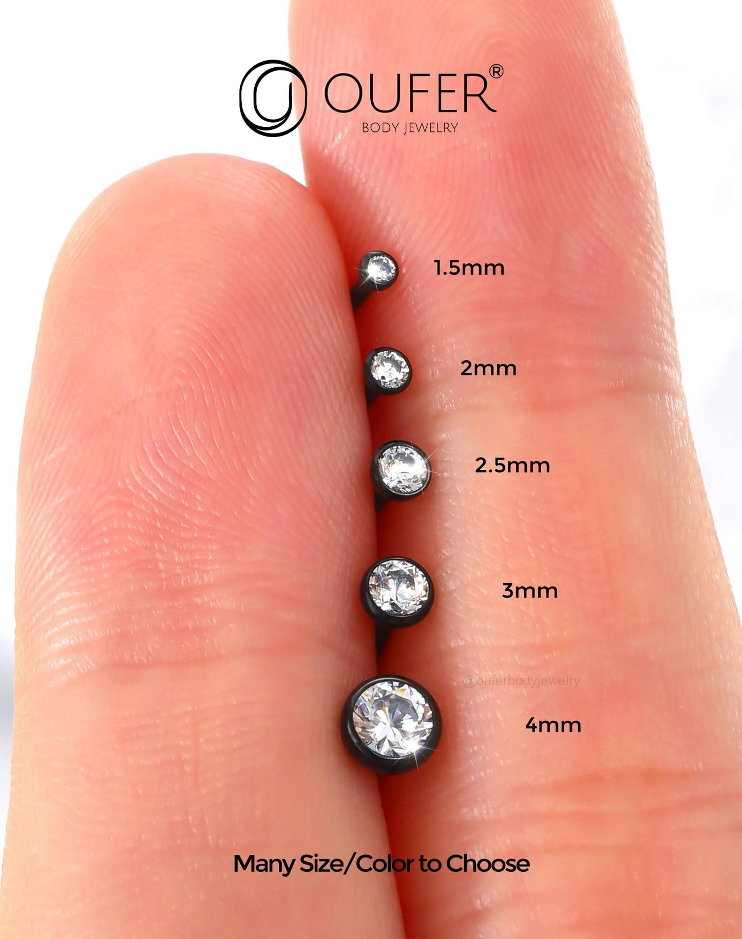 OUFER 2Pcs Nose Studs, 18G G23 Solid Titanium Threadless Nose Earrings Flat Back Tiny CZ 2MM Black Nose Helix Cartilage Piercing Jewelry for Women Men-6MM